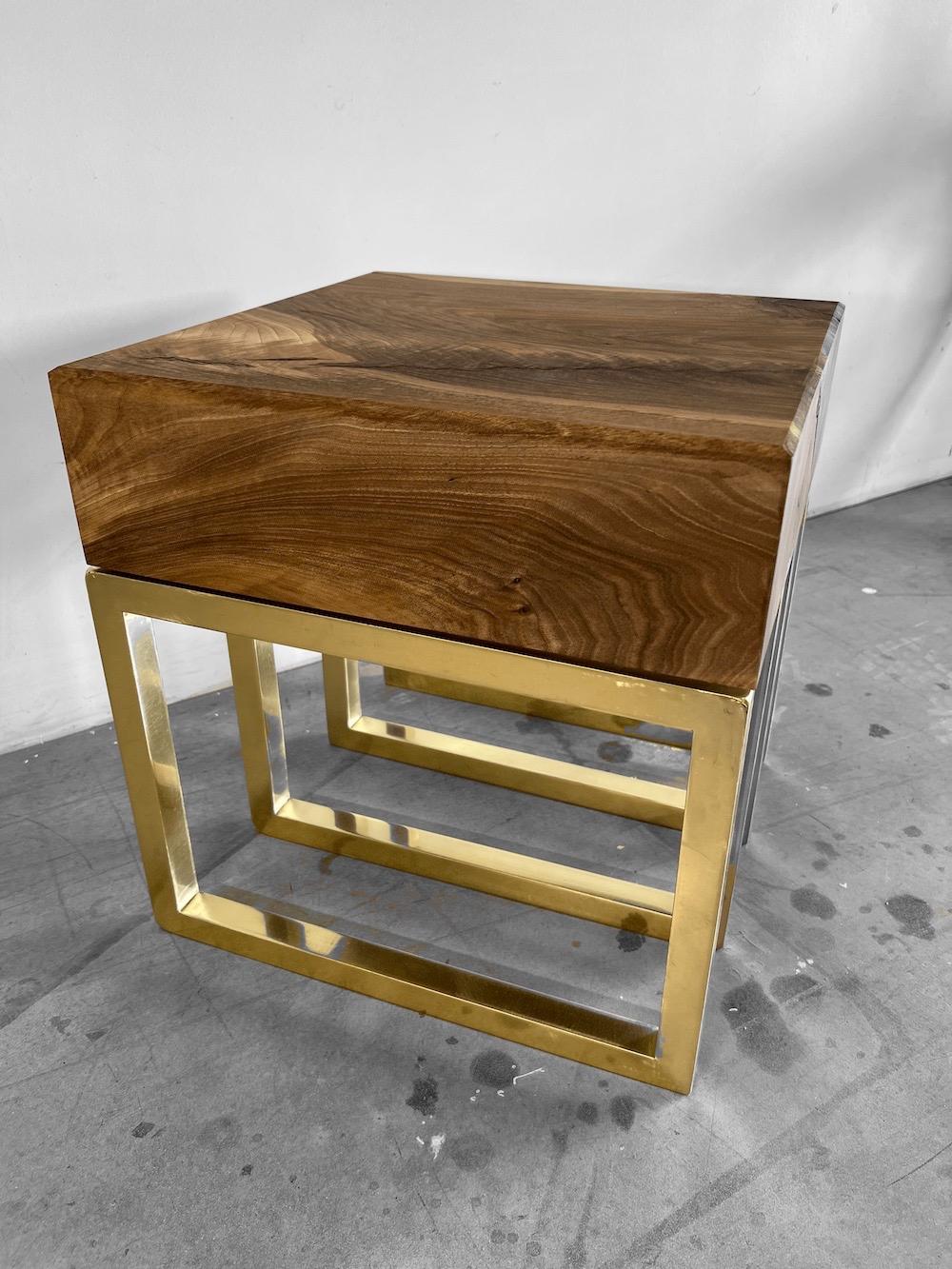 Hand-Crafted Casper by Seve Quantum Design 'France', Walnut Wood and Brass Stool For Sale
