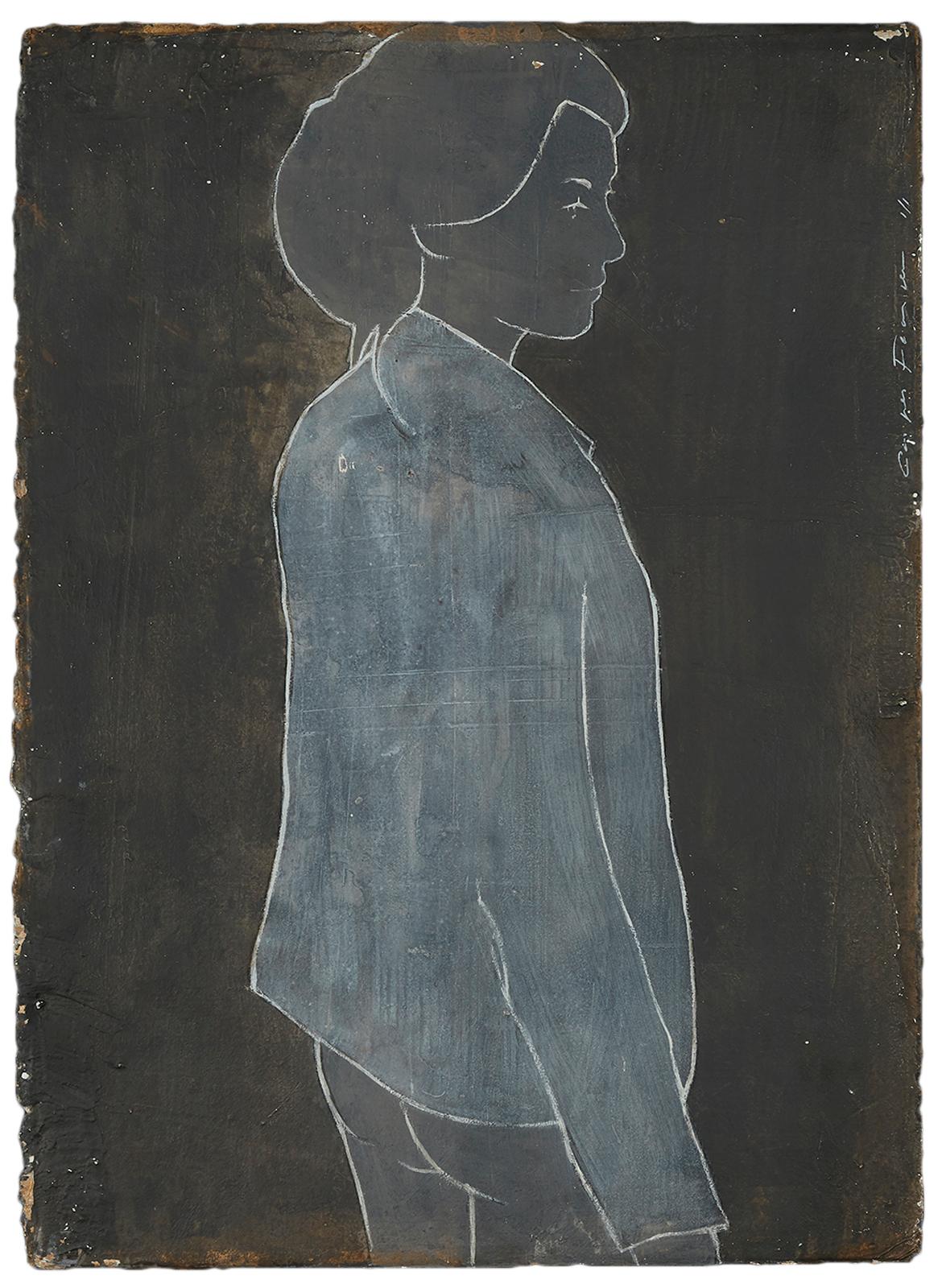 Portrait Painting Casper Faassen - Peinture figurative « Reine sur argile », technique mixte sur carton