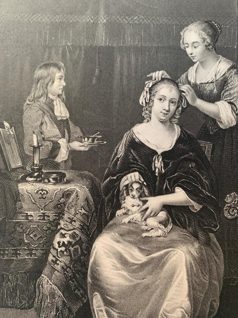 This engraving is by Albert Henri Payne after a painting by Casper Netscher. It is a steel engraving. It represents a scene of everyday life. Here, a young woman is sitting on a chair with a dog on her knee while another woman is finishing her hair.