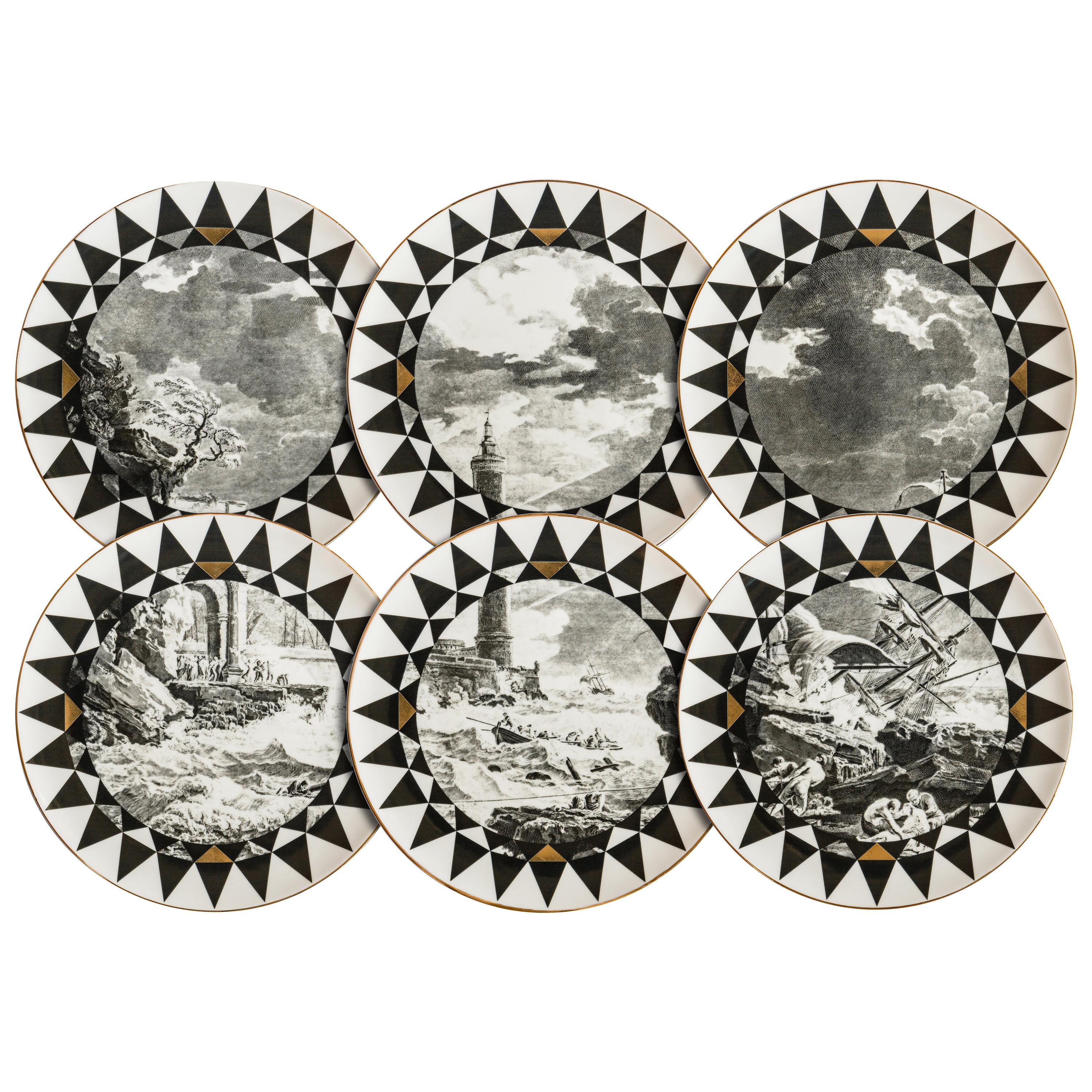 Casquets, Six Contemporary Porcelain Dinner Plates with Decorative Design For Sale