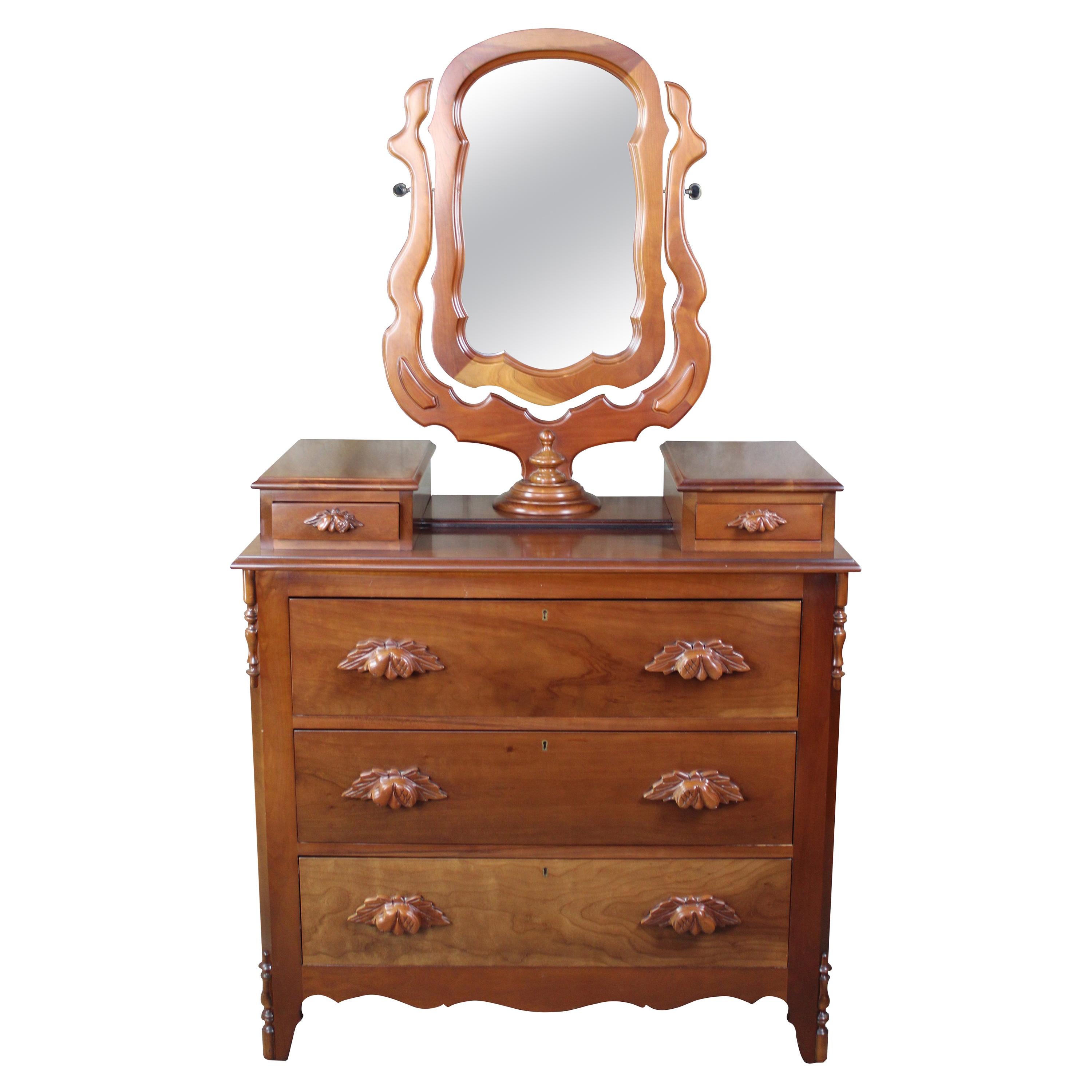 Cassady Furniture Victorian Revival Cherry Carved Dresser and Wishbone Mirror