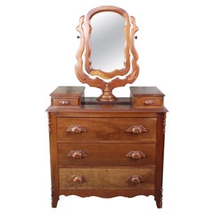 Retro Cassady Furniture Victorian Revival Cherry Carved Dresser and Wishbone Mirror