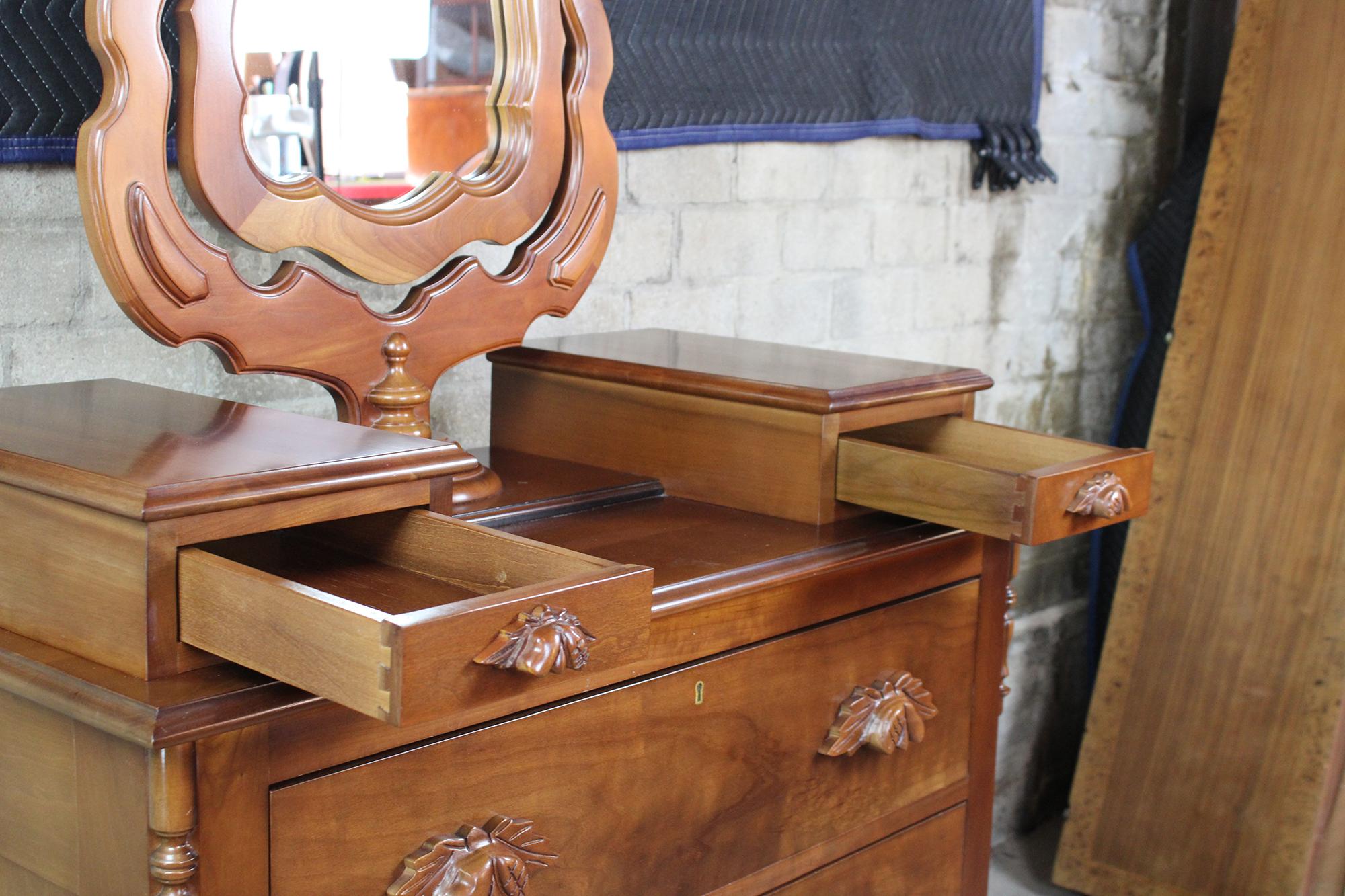 Cassady Furniture Victorian Revival Cherry Carved Dresser and Wishbone Mirror 2
