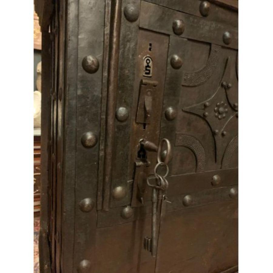 18th Century and Earlier Walnut wood safe, iron-clad and decorated with studs, italy For Sale