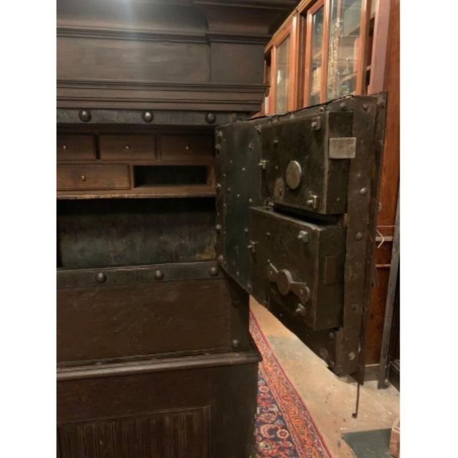 Iron Walnut wood safe, iron-clad and decorated with studs, italy For Sale