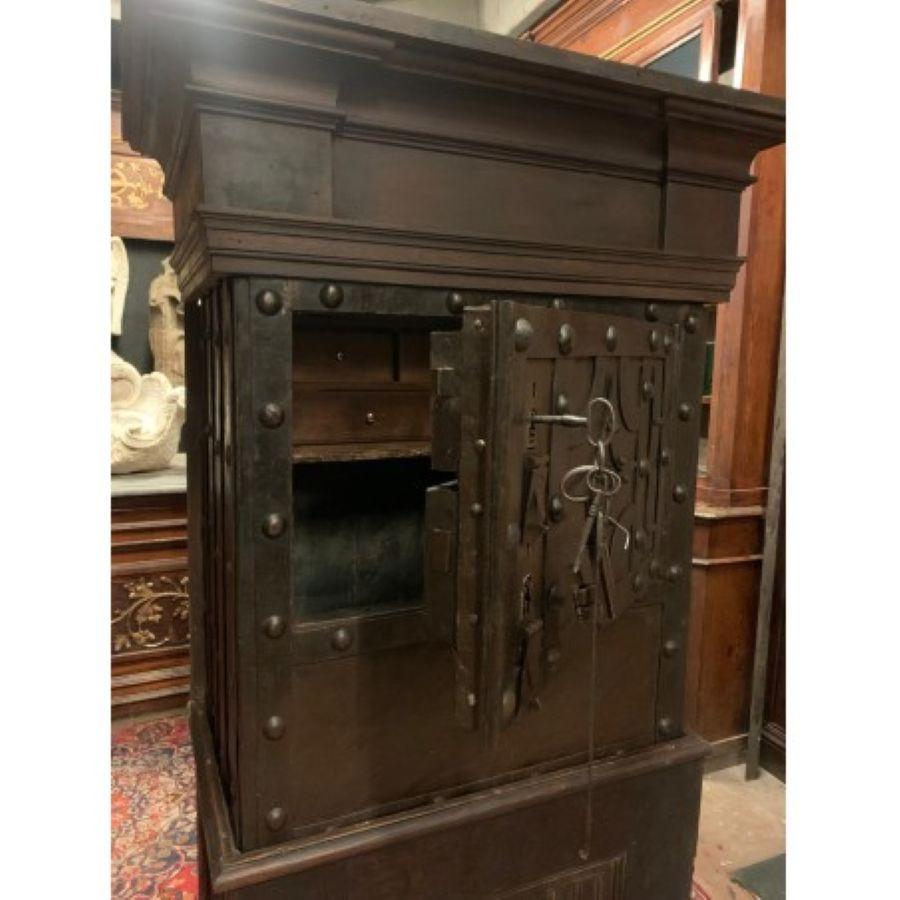 Walnut wood safe, iron-clad and decorated with studs, italy For Sale 1