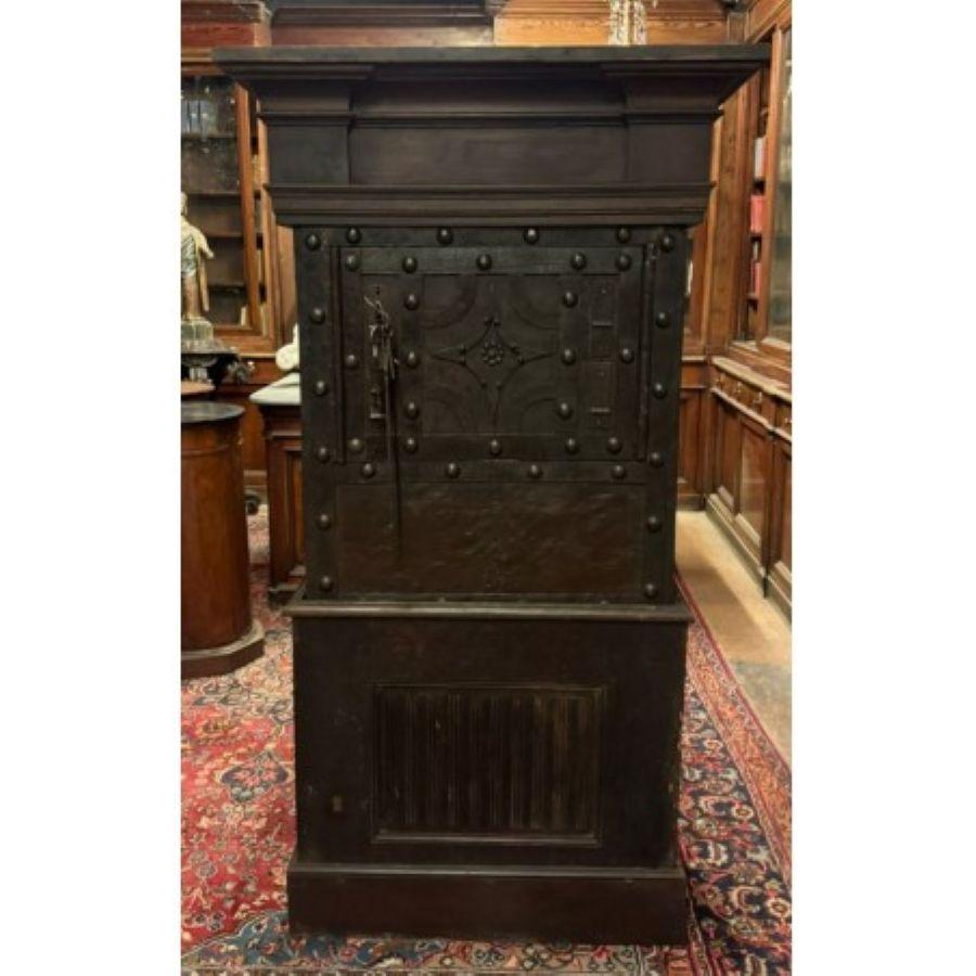 Walnut wood safe, iron-clad and decorated with studs, italy For Sale 2