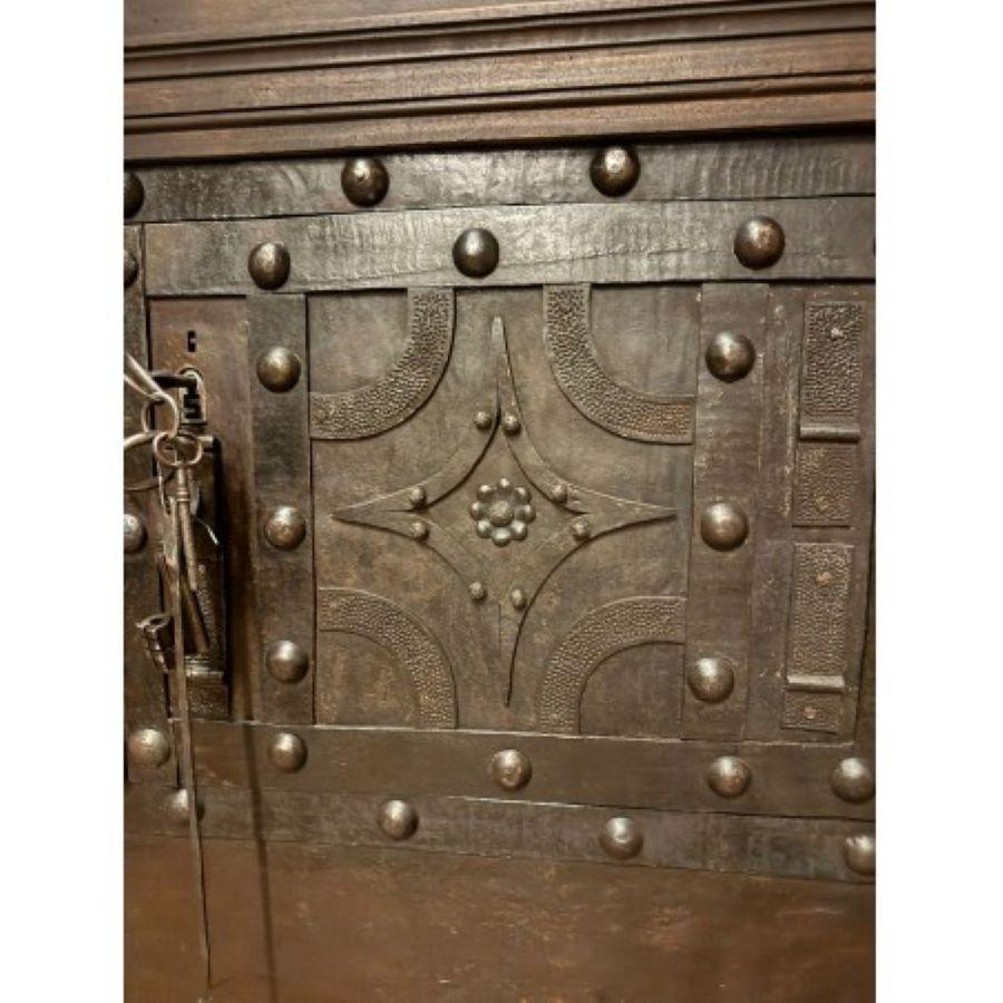 Walnut wood safe, iron-clad and decorated with studs, italy For Sale 3