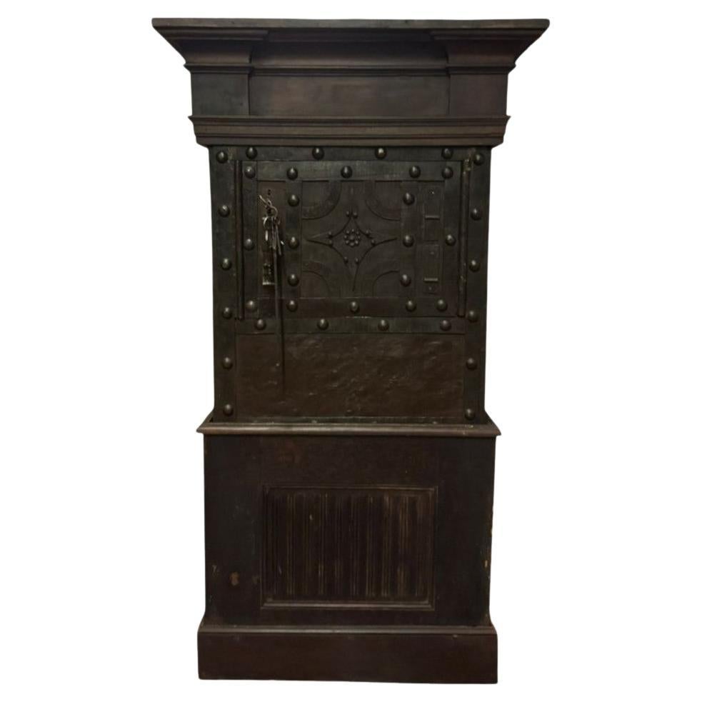 Walnut wood safe, iron-clad and decorated with studs, italy For Sale