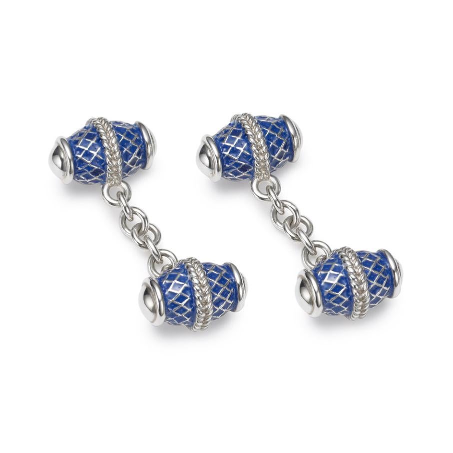 Iguminov double ended cufflinks in silver and dark blue enamel inspired by the window frame of the Iguminov House in Moscow. From the Journey to Russia.