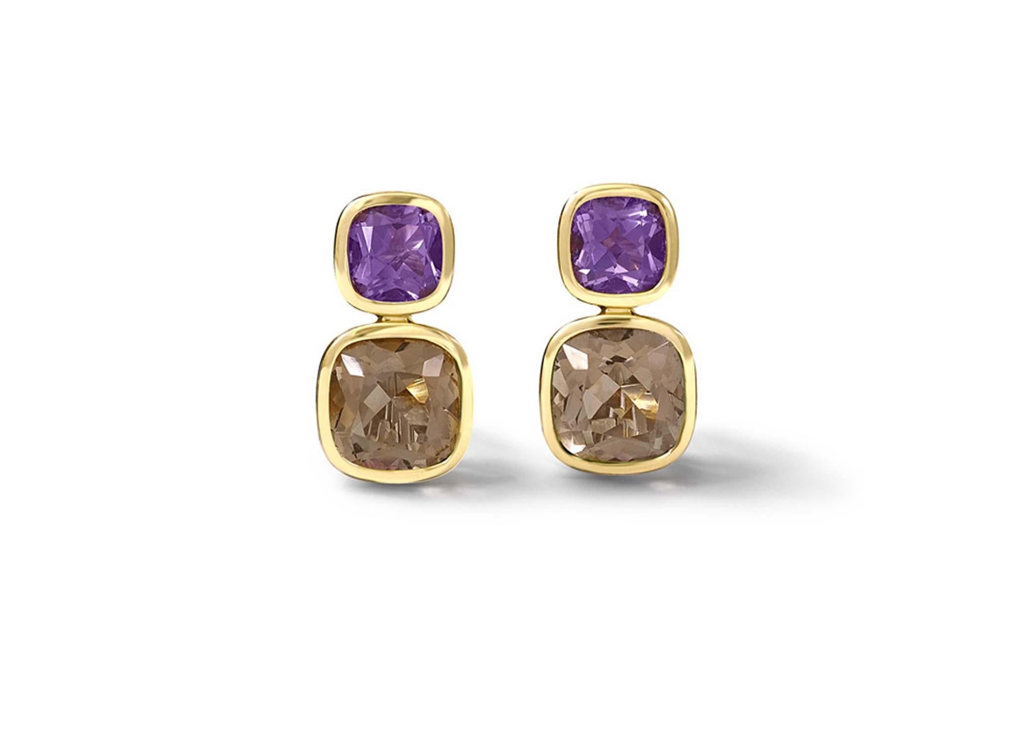 Qin and Han 18ct yellow gold earrings with cushion cut amethyst and smoky quartz . The unification of the two great Chinese dynasties: the Qin ( 221-207 BC) and the Han (206BC to 220 AD) inspired the juxtaposition of colours in the Qin and Han ring