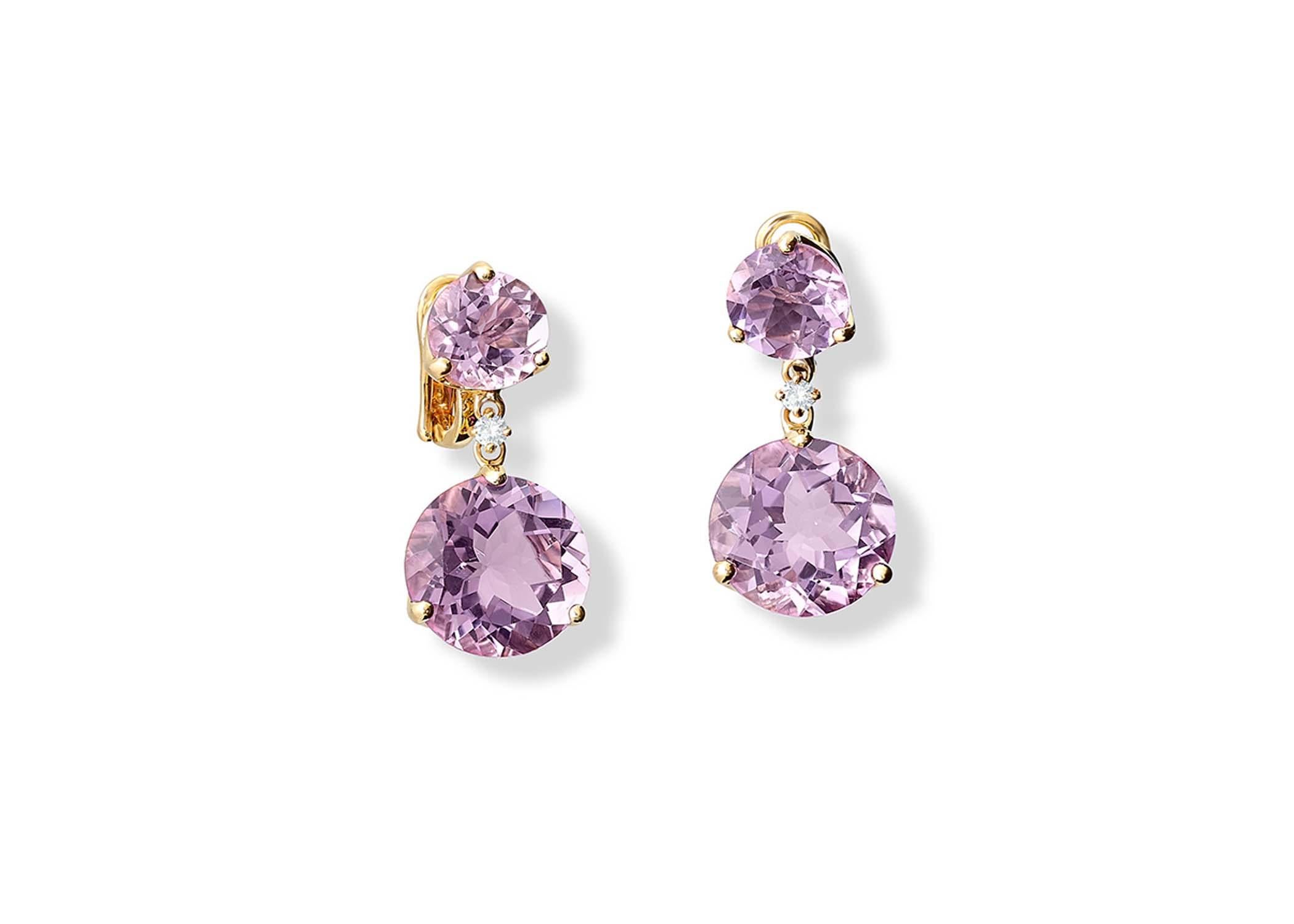 Riviere double earrings in 9ct yellow gold set with facetted amethyst and diamonds, with clip and post. Inspired by the classic Riviere style necklace typical of the Georgian Era (1714-1837). From the Journey to Scandinavia.