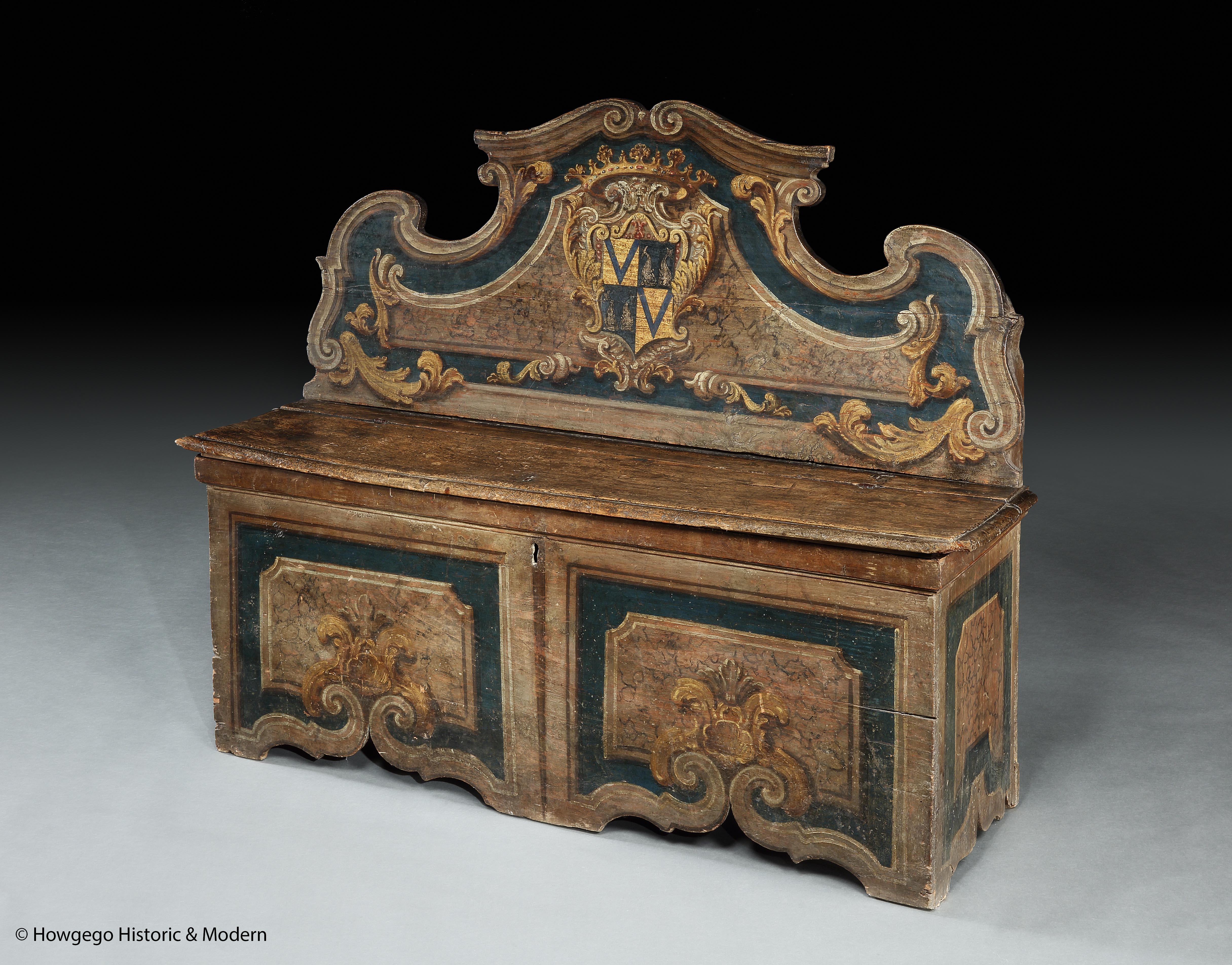 A rare, petite, 18th century, venetian, painted armorial, Cassapanca (chest-bench), measures 44½’ high, 49½“ long.

- Unusual small size, and characteristic of cassapanca’s found in Italian Palazzo’s from the Renaissance period with striking