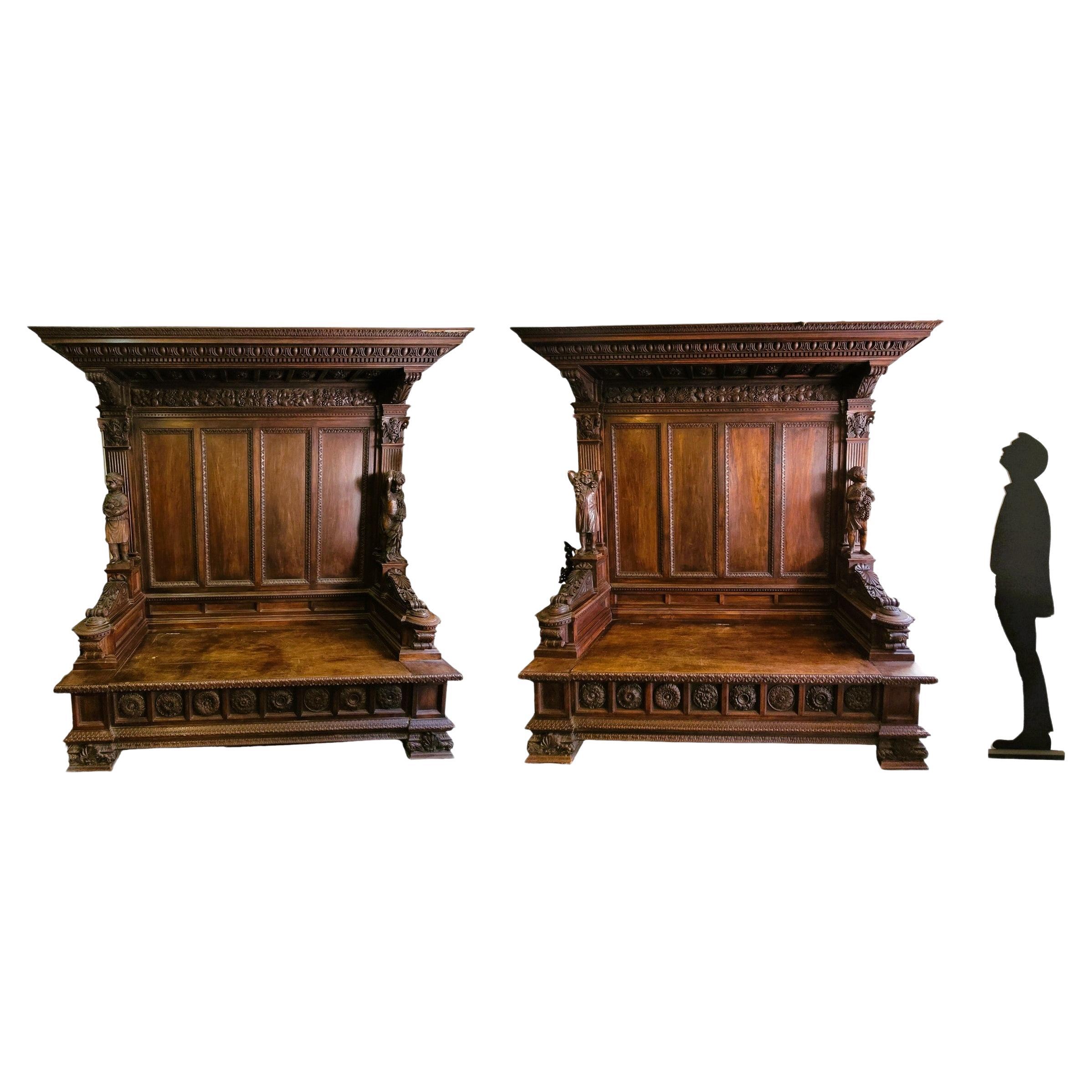 Cassapanca, Pair Of Important Carved Wood Benches, 19th Century