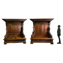 Cassapanca, Pair Of Important Carved Wood Benches, 19th Century