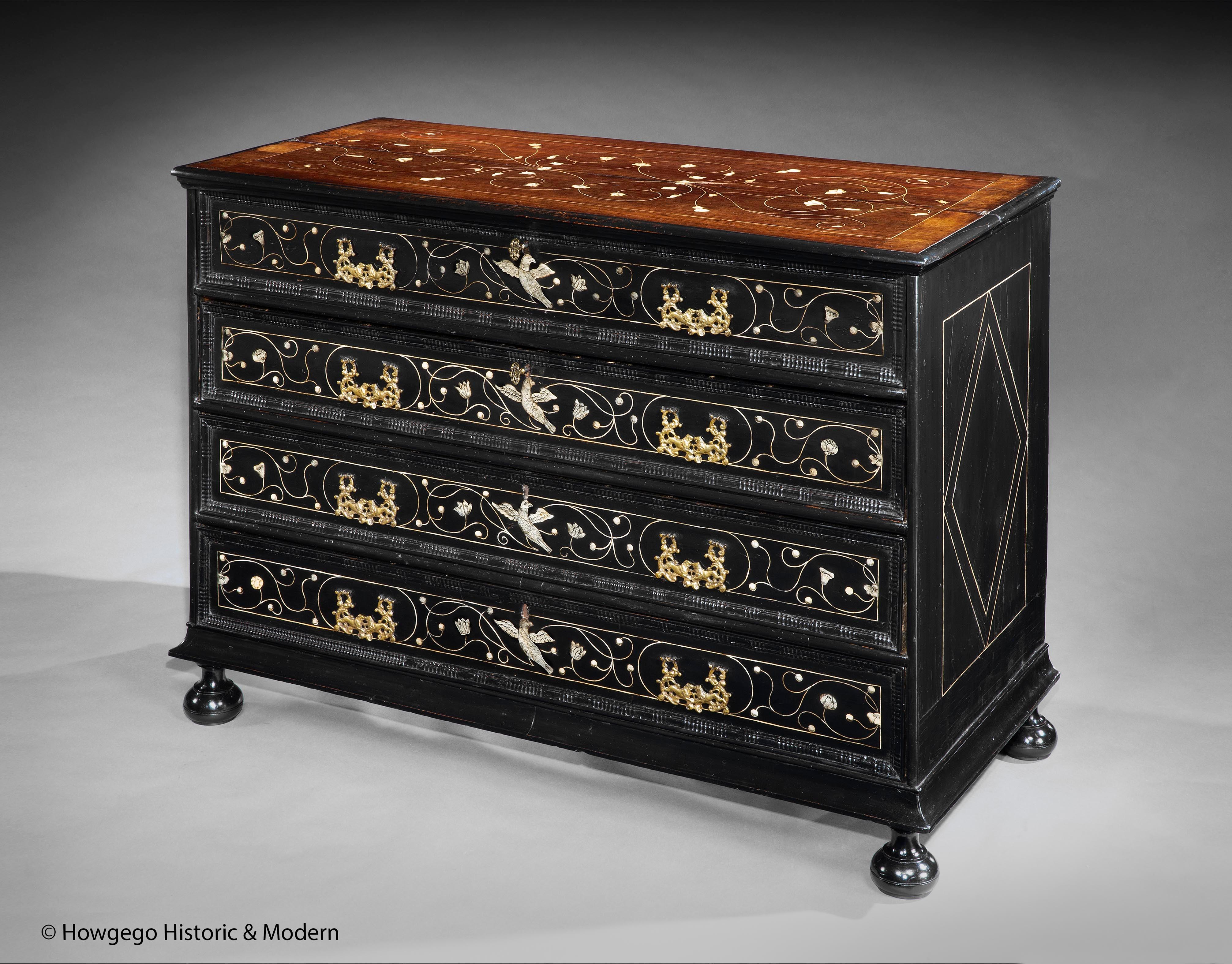 Exceptional Roman Baroque Ebonised, Rosewood Cassettone with bone inlay and magnificent brass handles

Magnificent transition piece displaying classical ornamentation within a traditional Baroque form
Conceived to be a statement piece with contrast