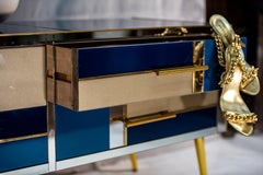 Cassettiera 6 cassetti, in vetro blu zaffiro, oro, blu, specchio, disponibile