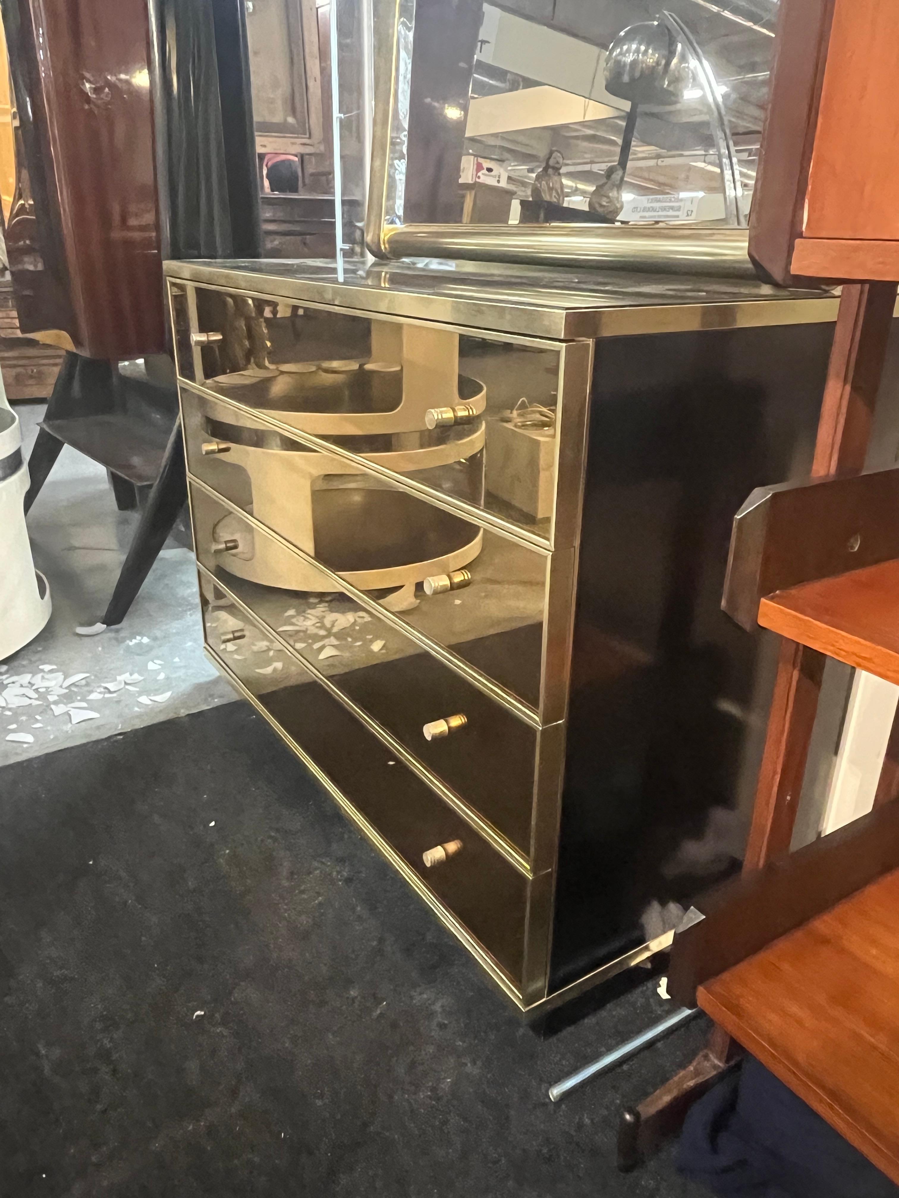 Brass Renato Zevi 1970s mirror and brass chest of drawers For Sale