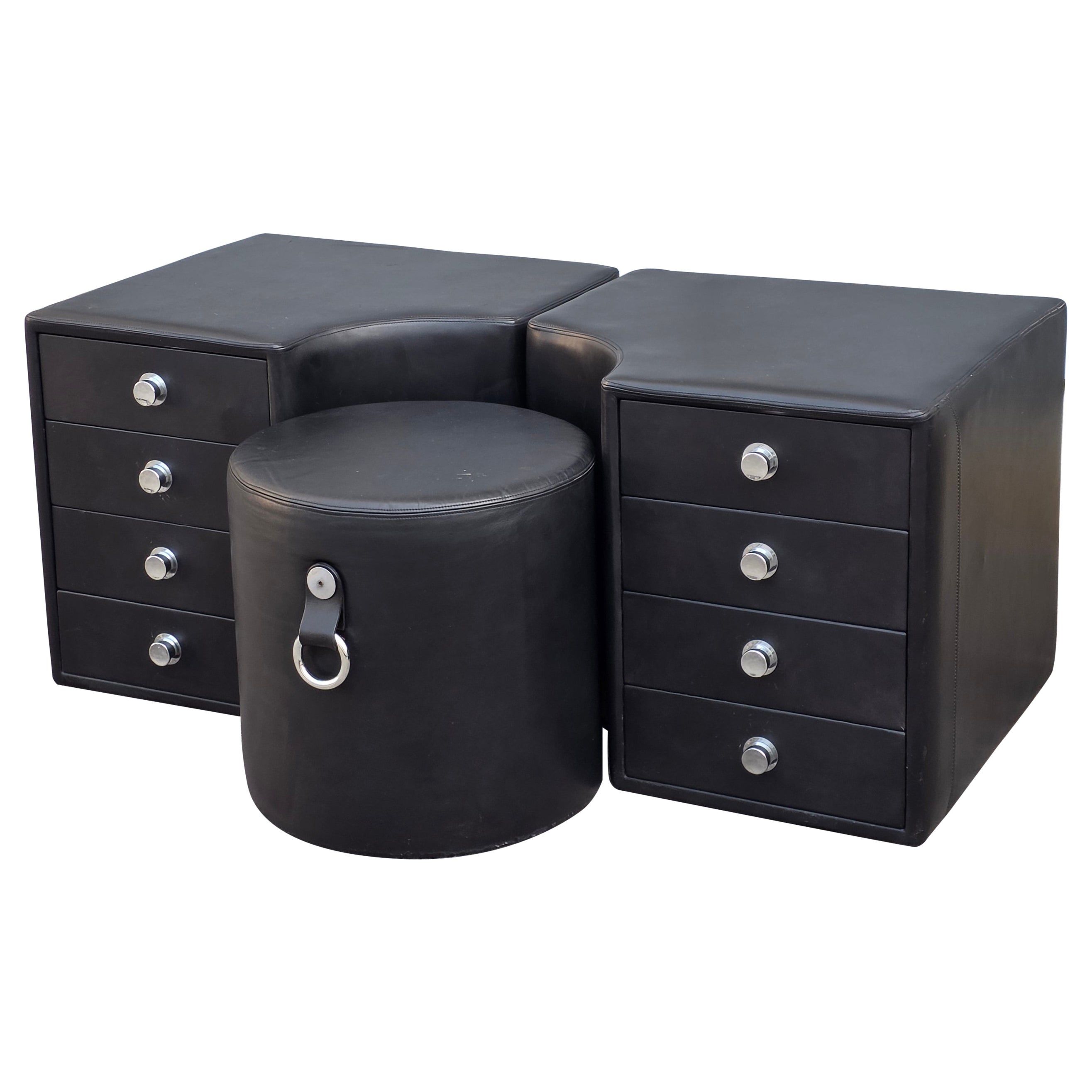 Chest of Drawers with Stool Black Leather 1970 Guido Faleschini for i4 Mariani For Sale