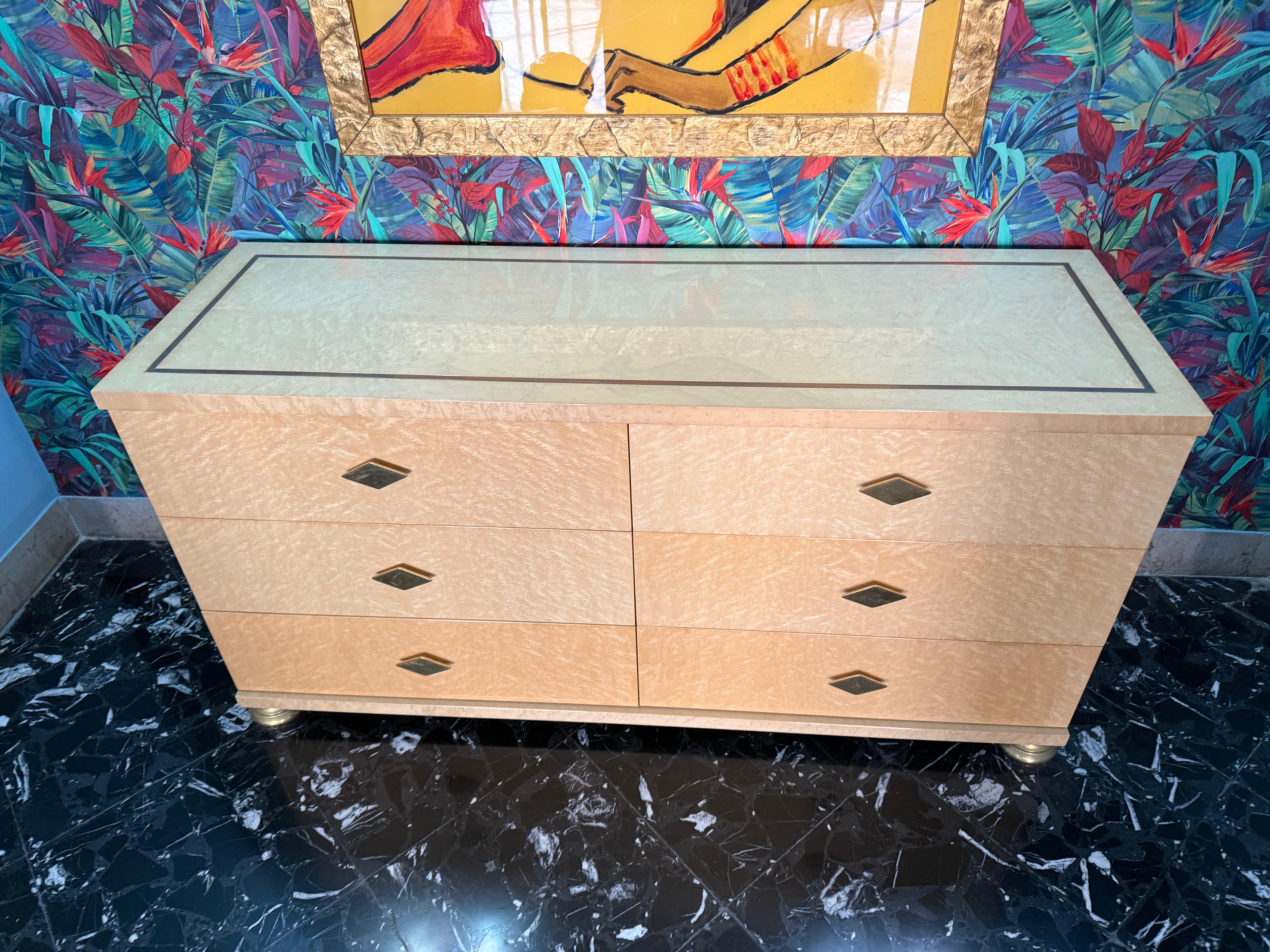 Italian Maple and Brass Chest of Drawers Italy 1970 Tommaso Barbi Design For Sale