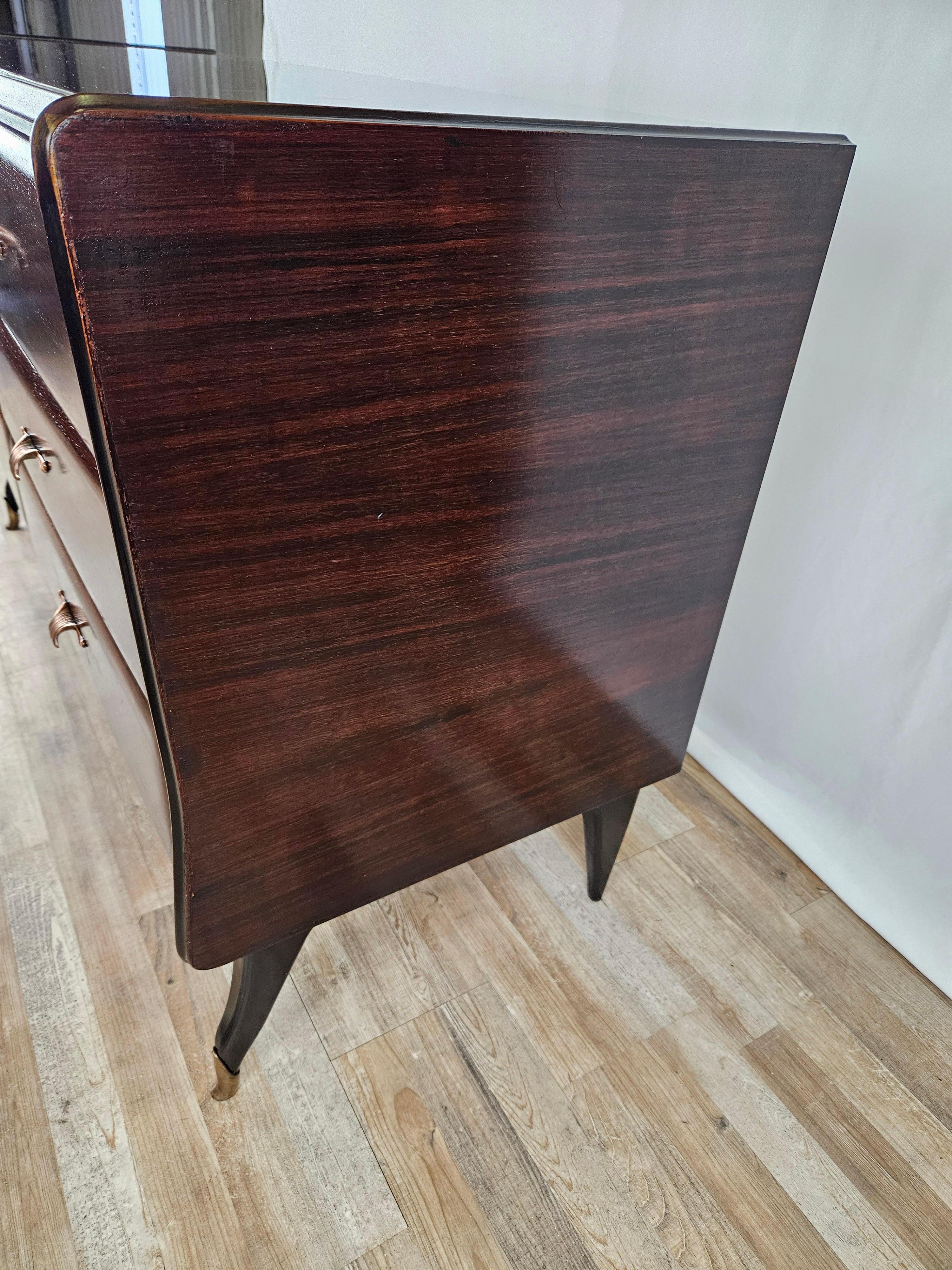 Art Deco Mahogany chest of drawers with burgundy glass top 1950s For Sale