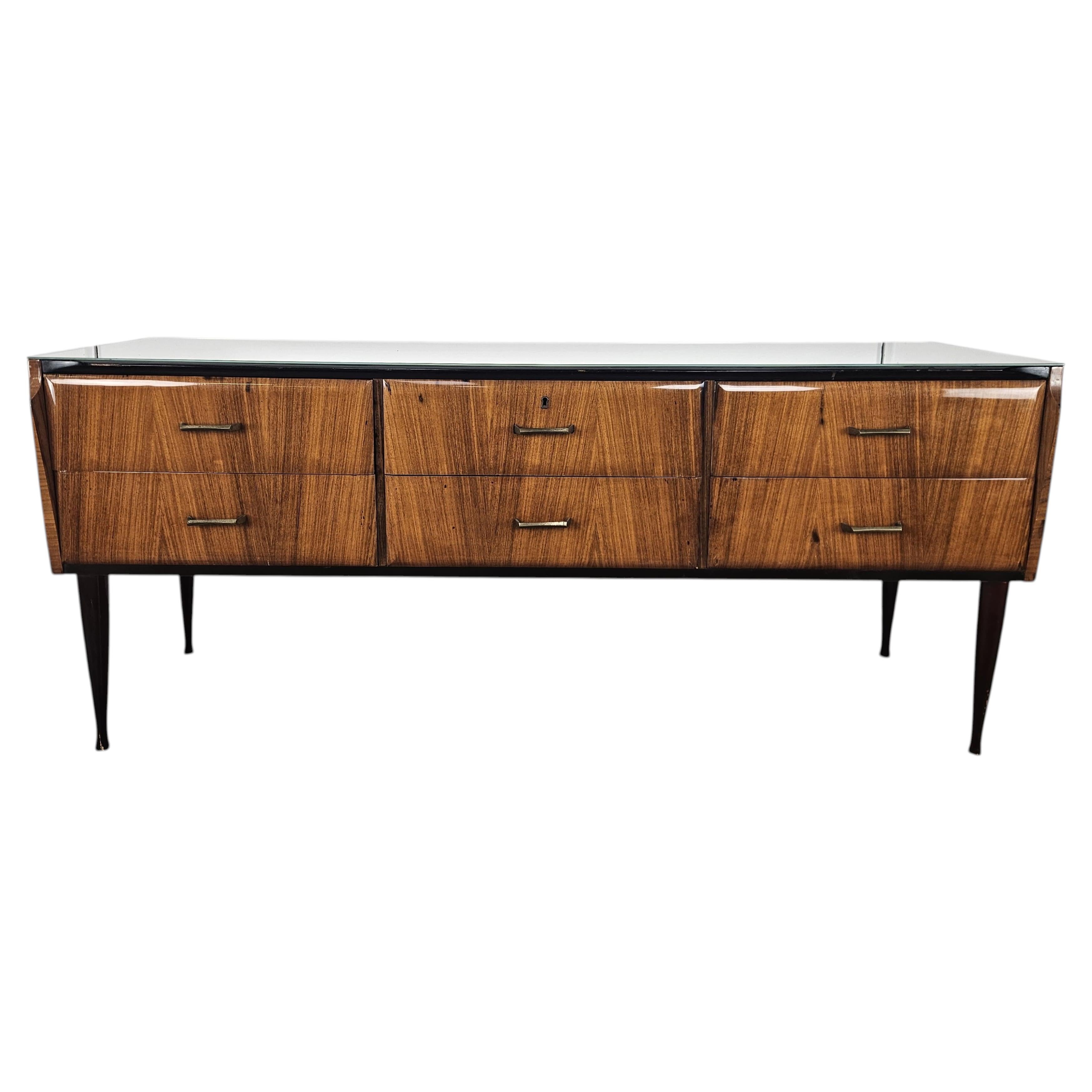 Mahogany burl chest of drawers with vintage 1960s mirror top