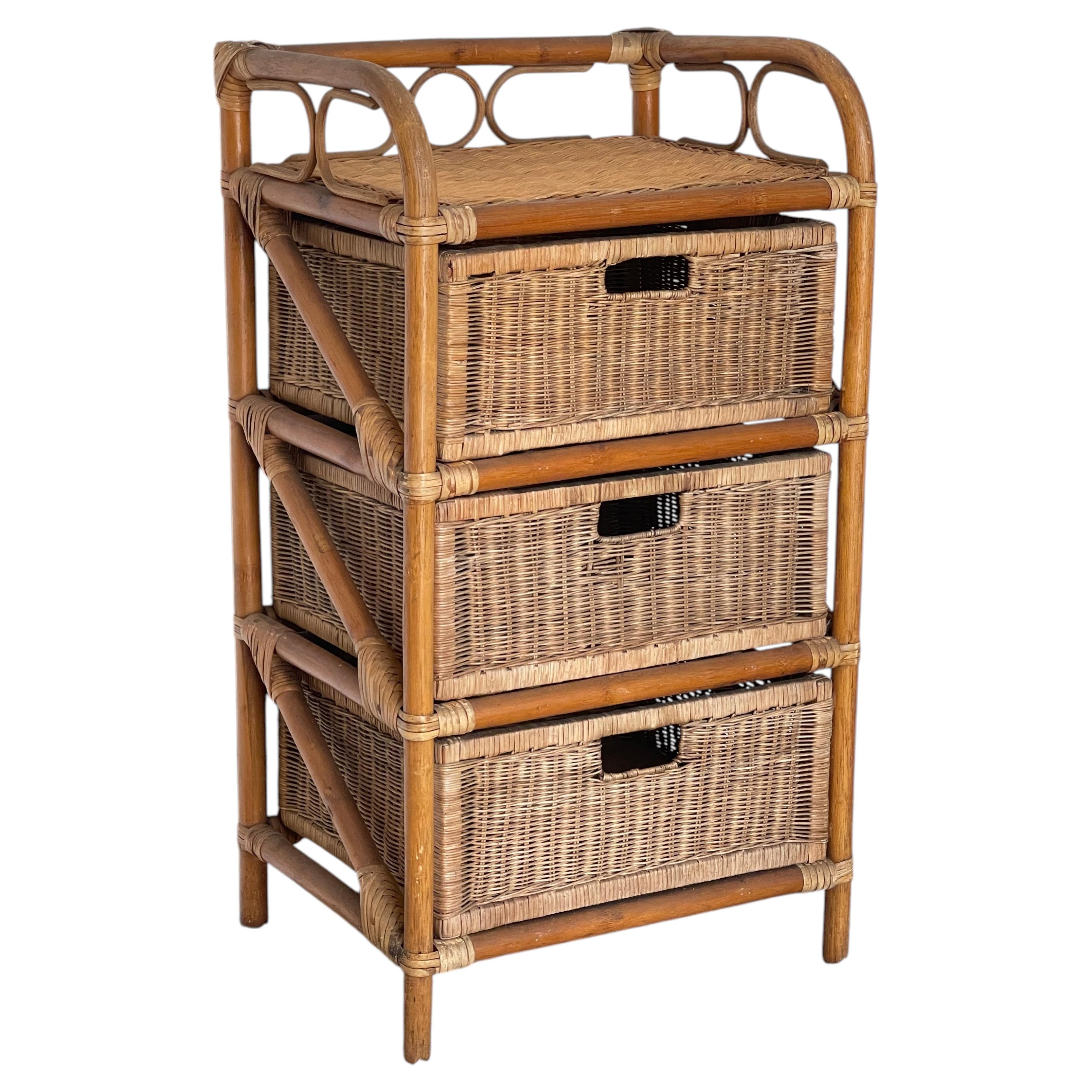 Rattan and bamboo chest of drawers with 3 drawers, "Malibu," 1970s For Sale