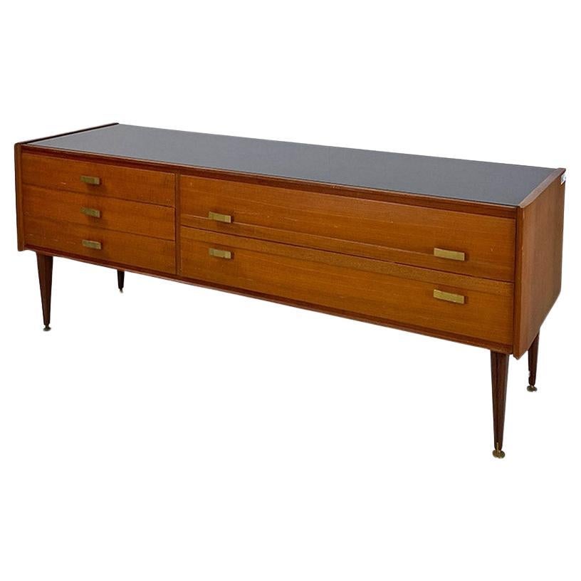 Italian chest of drawers, wood, glass and brass details, Vittorio Dassi, 1950s For Sale