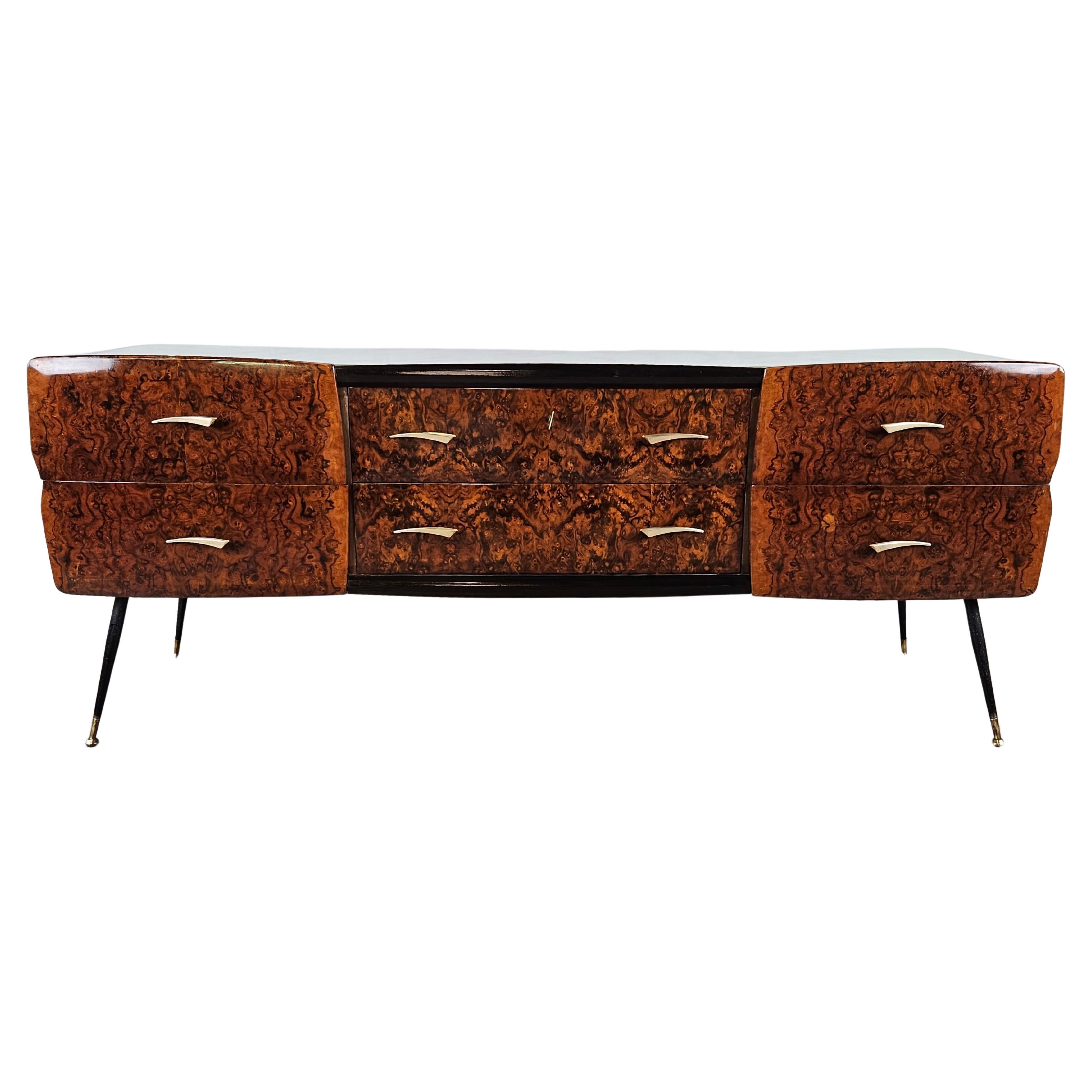 Mid Century chest of drawers in mahogany burl and glass