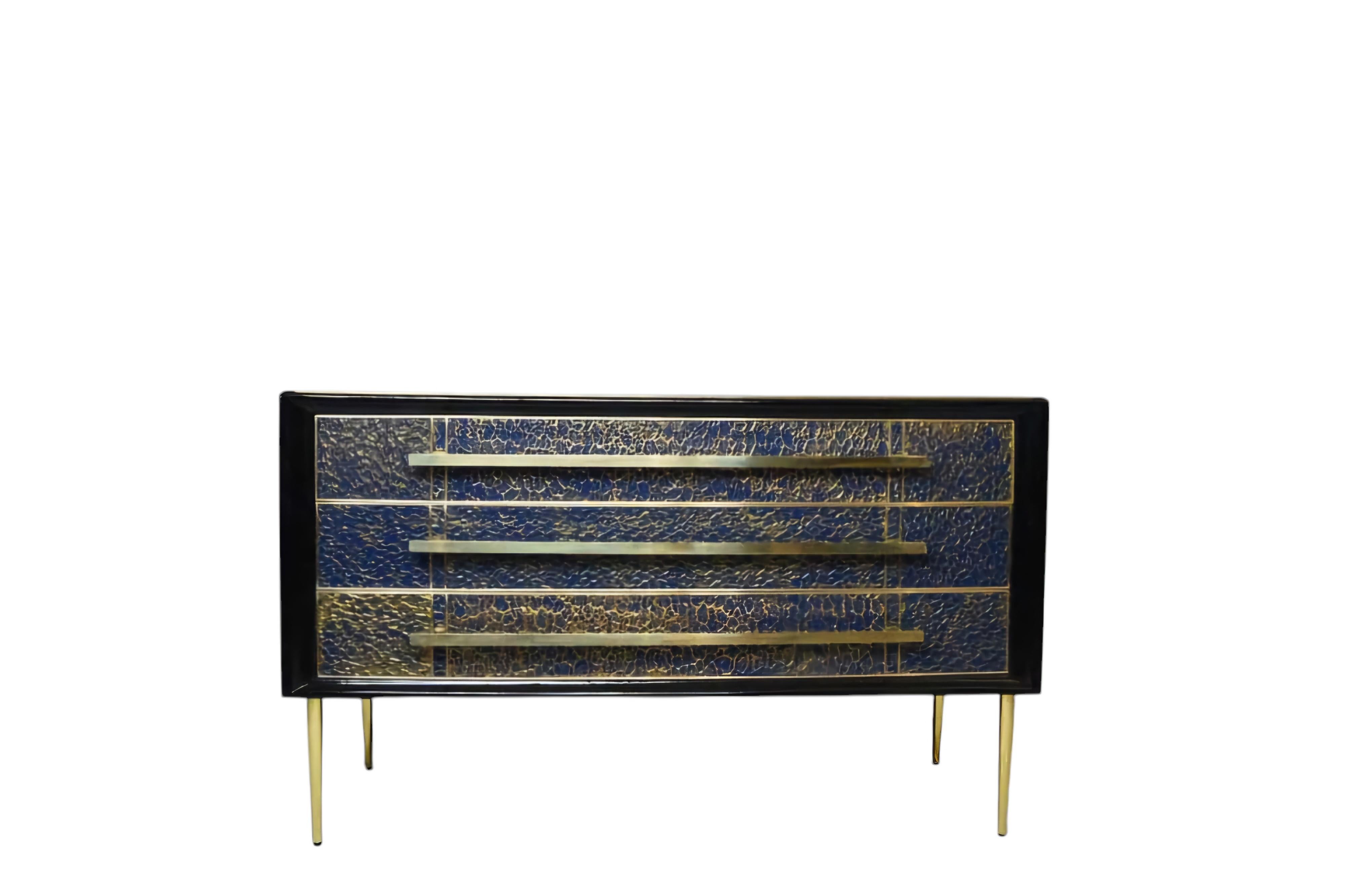 Chest of drawers, antique sapphire blue Murano glass, gold leaf, brass jf in vendita 2