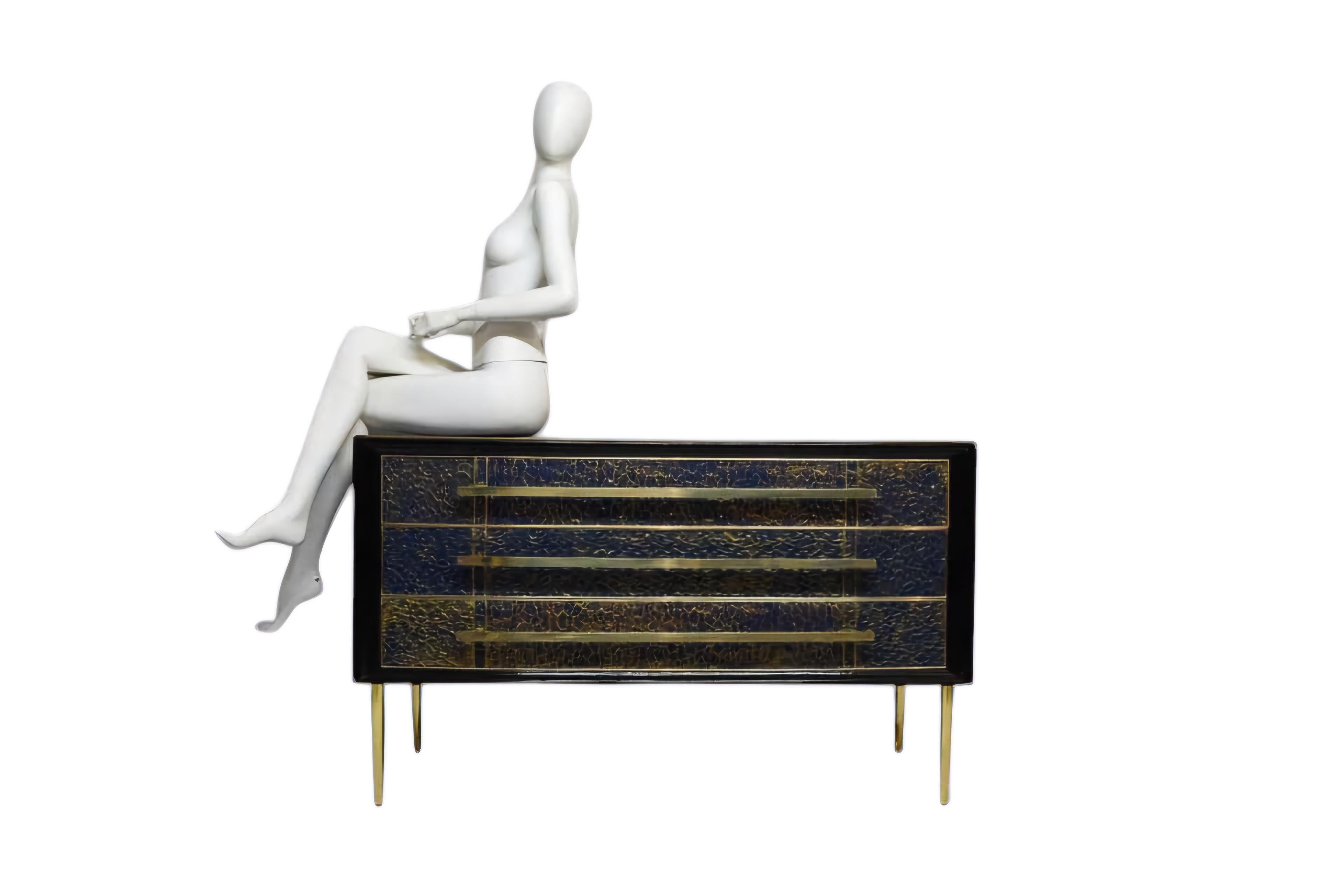 Chest of drawers, antique sapphire blue Murano glass, gold leaf, brass jf in vendita 3