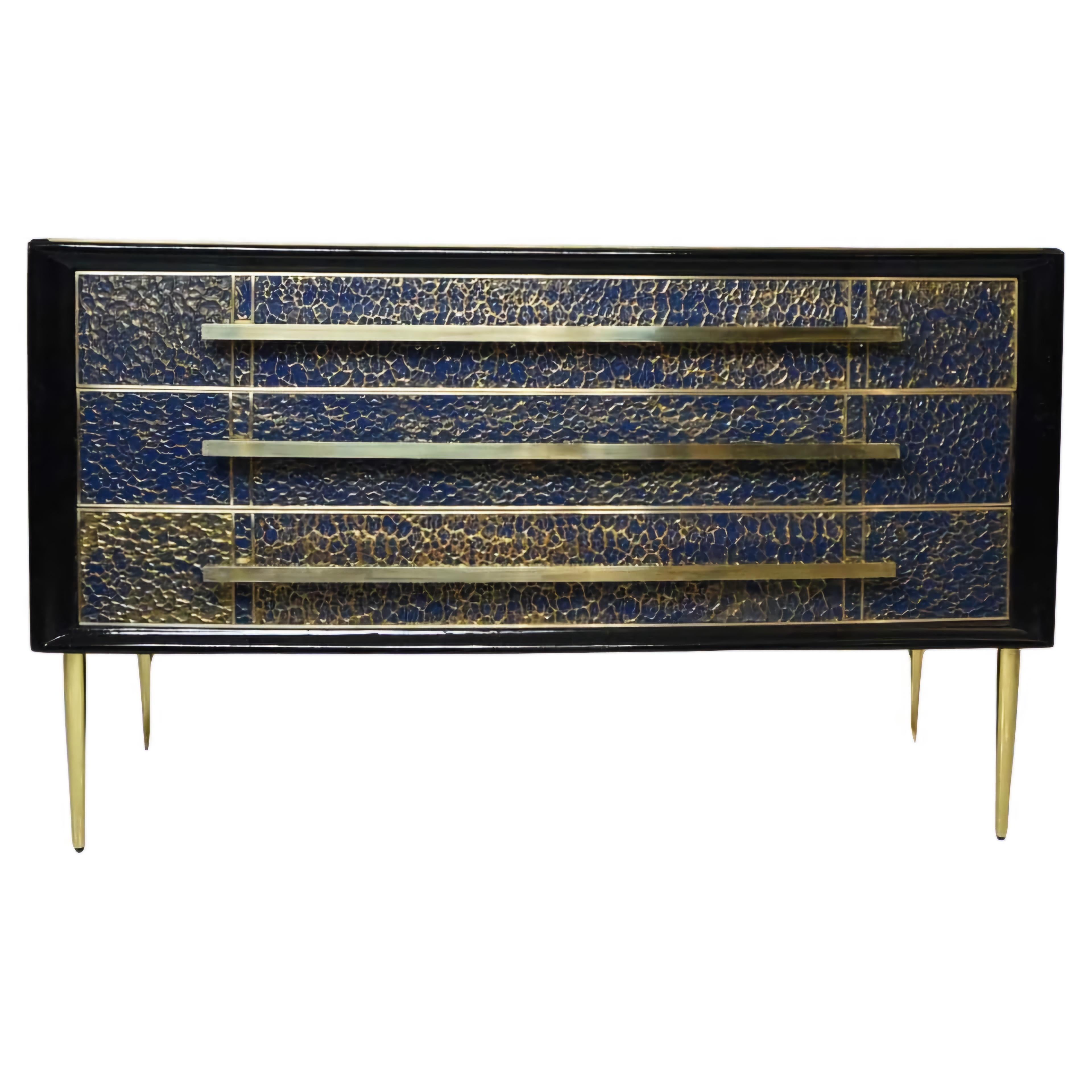 Chest of drawers, antique sapphire blue Murano glass, gold leaf, brass jf in vendita 9