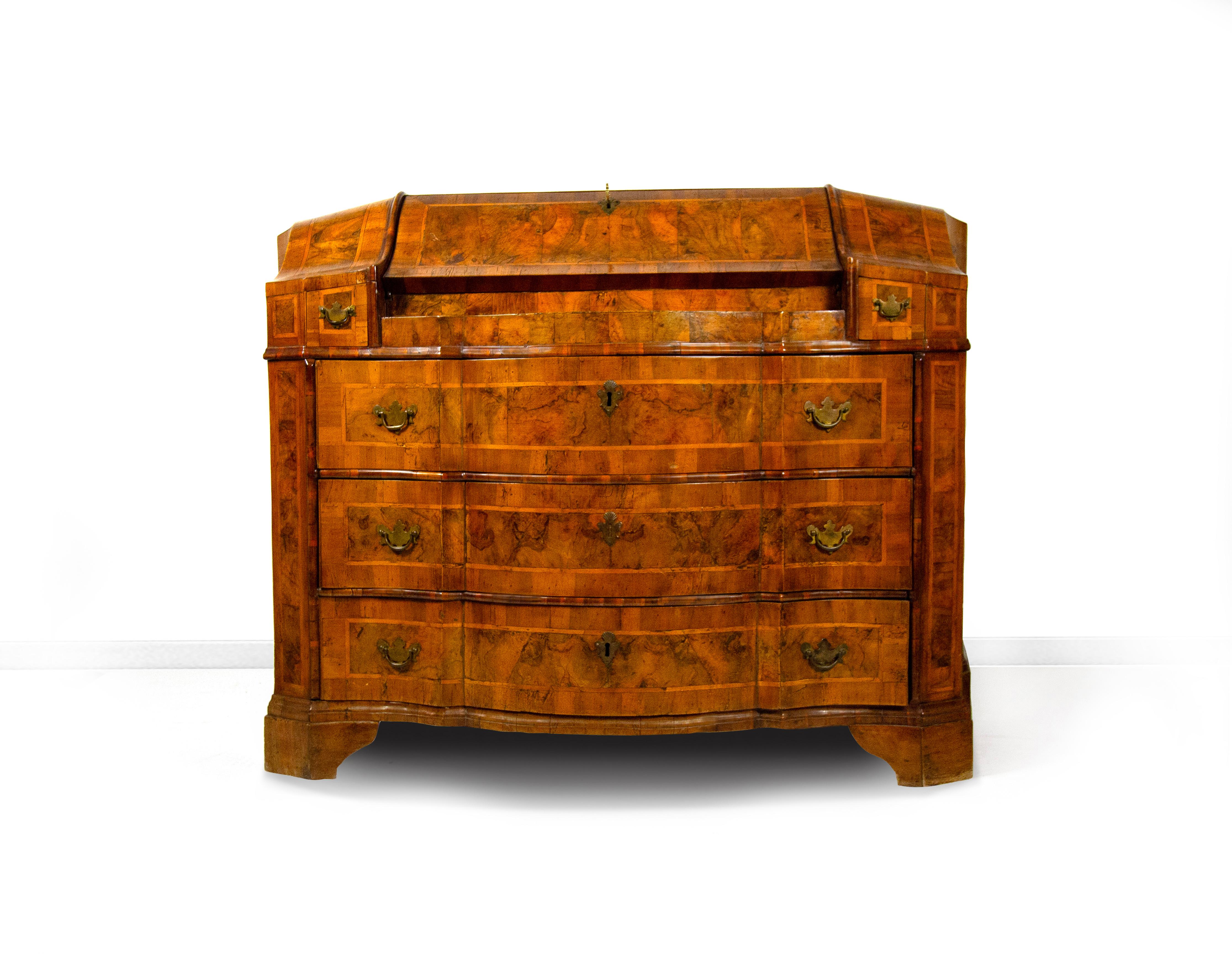 Cassettone a ribalta lastronato in noce e radica di noce, Verona, XVIII secolo in vendita 5