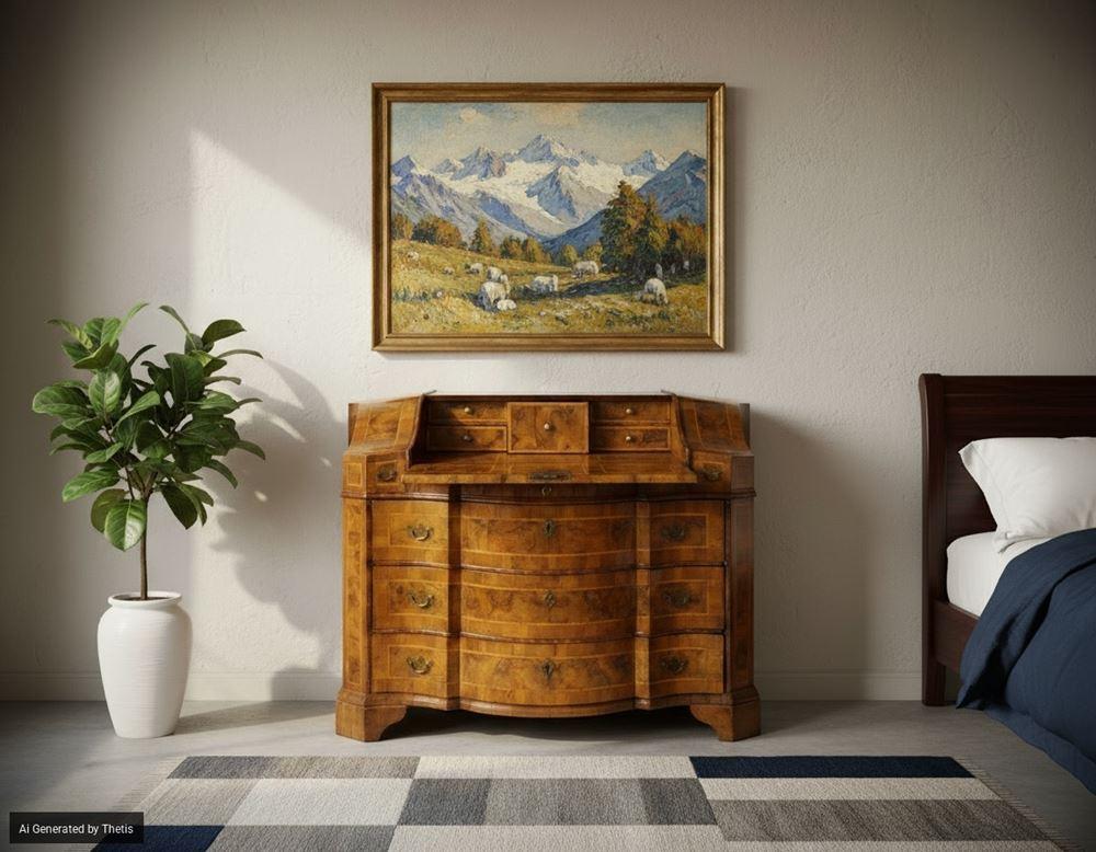 Cassettone a ribalta lastronato in noce e radica di noce, Verona, XVIII secolo in vendita 6