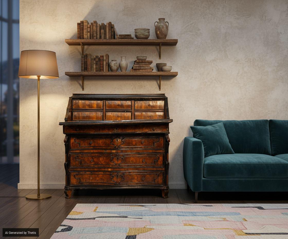 Cassettone a ribalta lastronato in radica di noce, Lombardei, XVIII secolo im Angebot 6