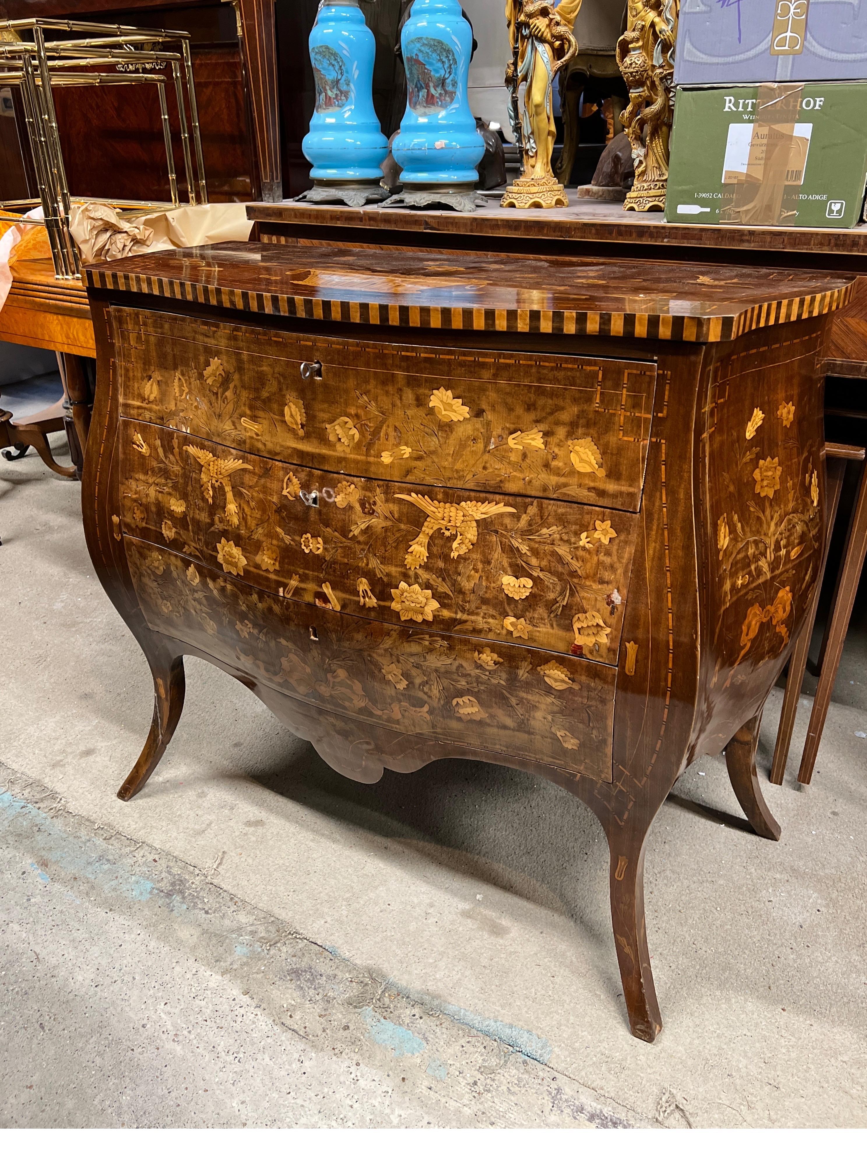 Dutch Mahogany Inlaid Bombed Dresser in mahogany and fruit woods Louis XV style 19th cent For Sale