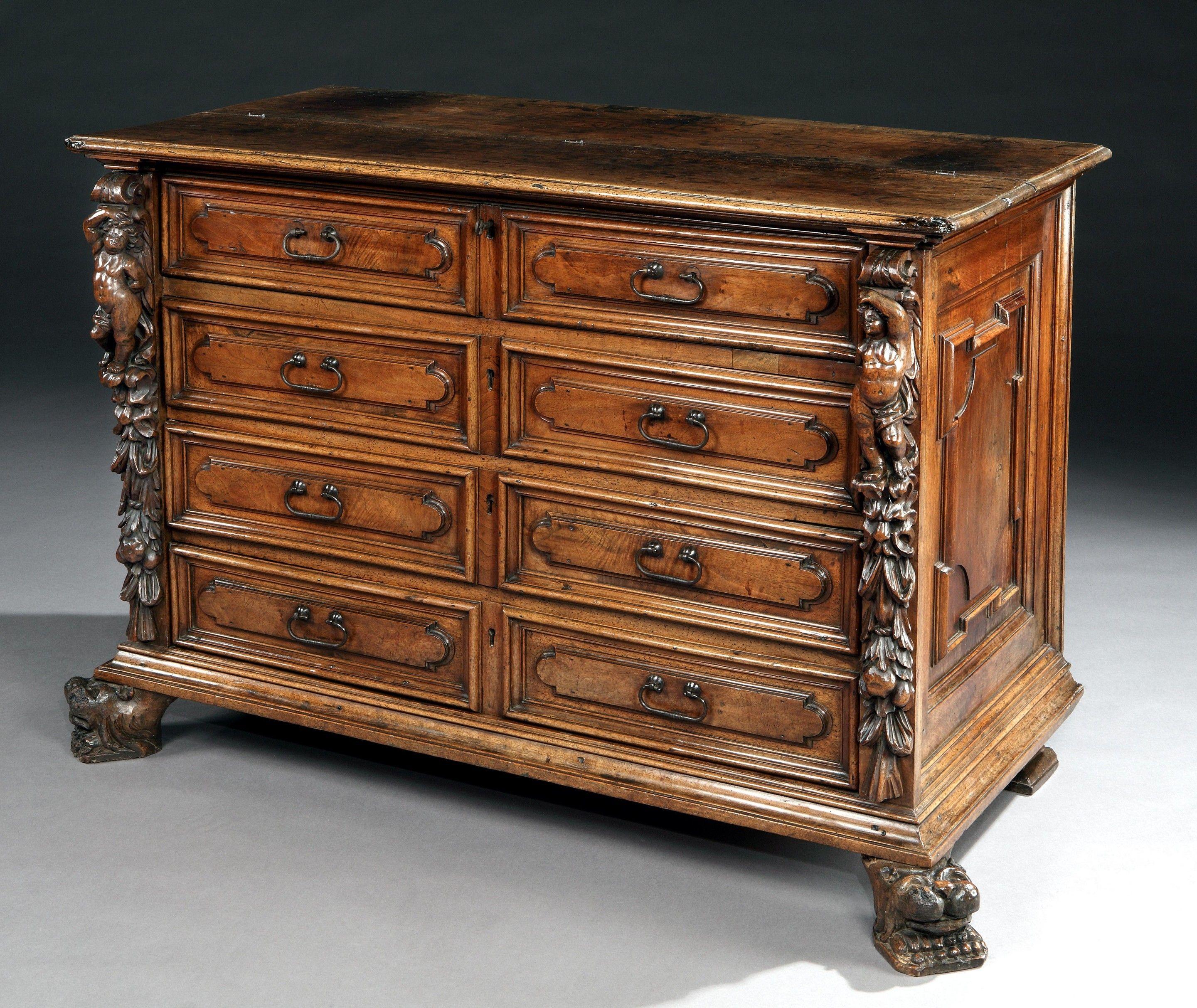 AN EXCEPTIONAL MUSEUM QUALITY, ITALIAN, RENAISANCE WALNUT CASSETTONE WITH A FITTED BUREAU IN THE UPPER PART & EXCEPTIONAL BAMBOCCI CARVING, LOMBARDY 

- This exceptionally rare, museum quality, piece of early furniture was conceived and crafted as