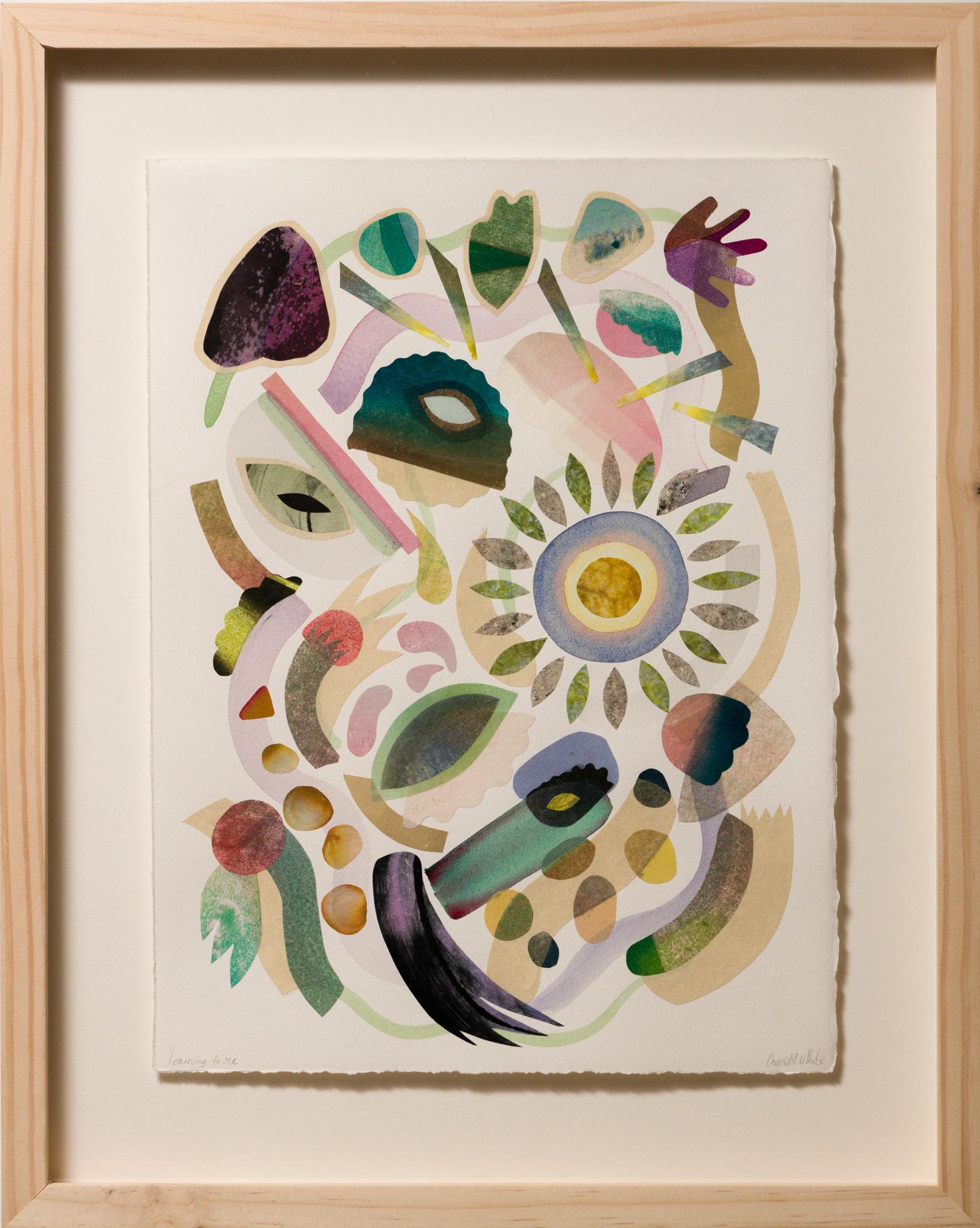 Cassie Normandy White Abstract Print – „ Lernen zu sehen“, Abstrakte, zusammengefügte Monodrucke, mikroskopische Scans, Aquarellfarben