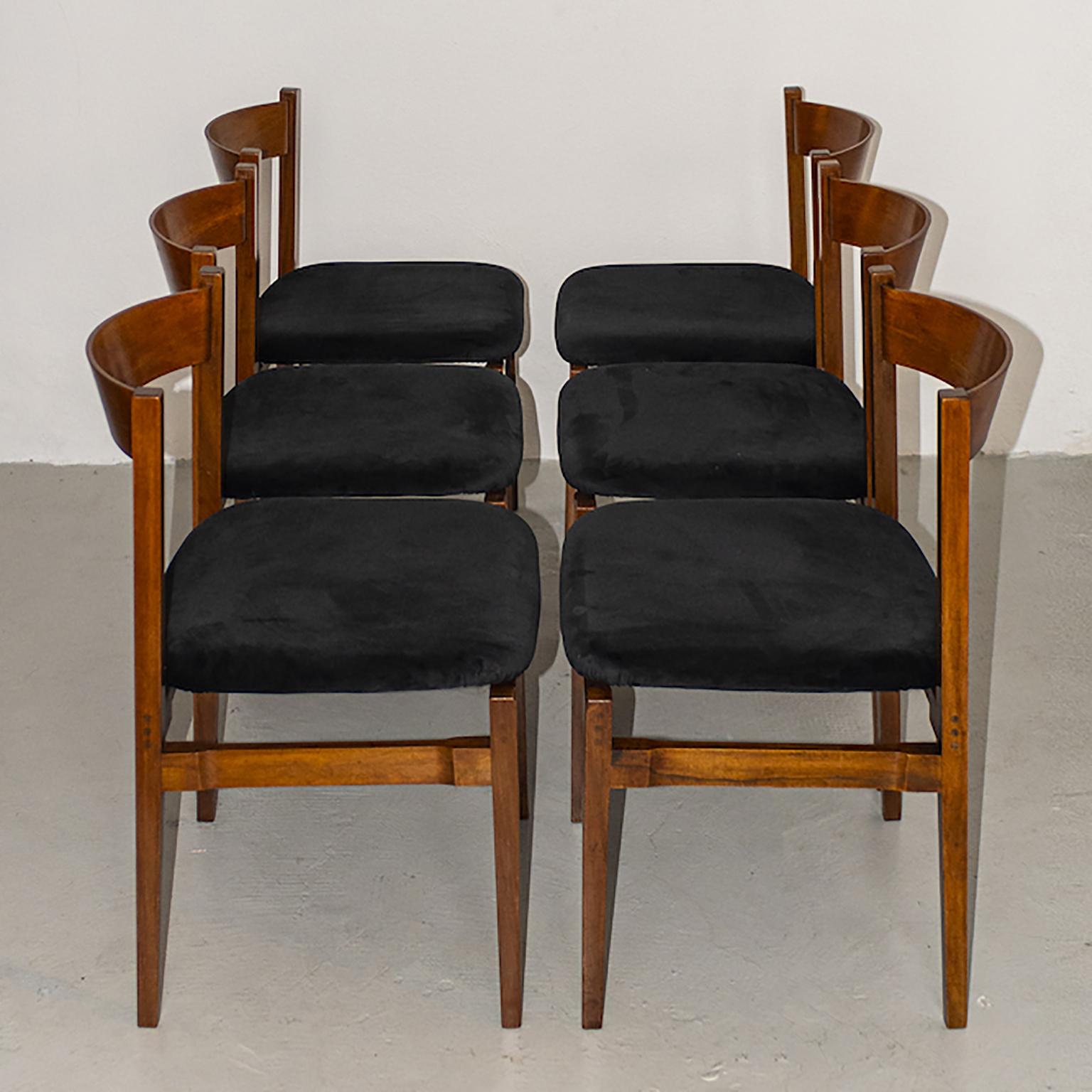 Set di sei sedie Cassina 101 di Gianfranco Frattini, legno, velluto nero in vendita 1