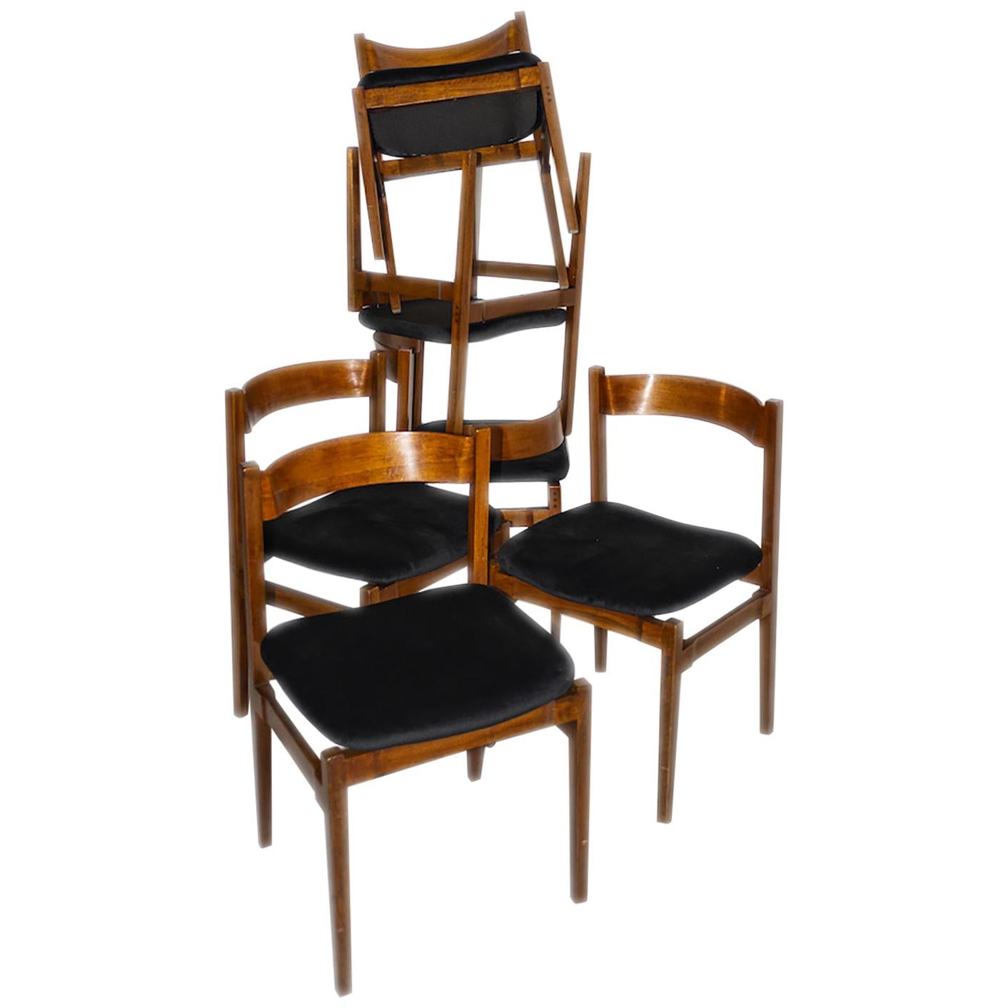 Set of six Cassina 101 chairs by Gianfranco Frattini, wood, black velvet For Sale