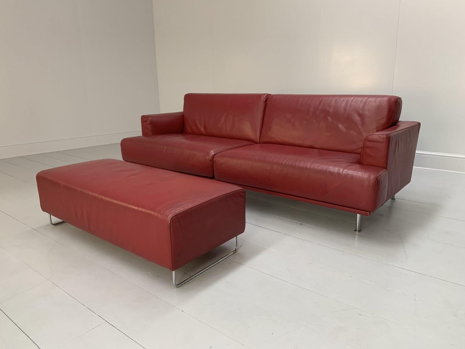 Contemporary Cassina “253 Nest” 2.5-Seat Sofa & Bench Footstool – In Red “Pelle” Leather