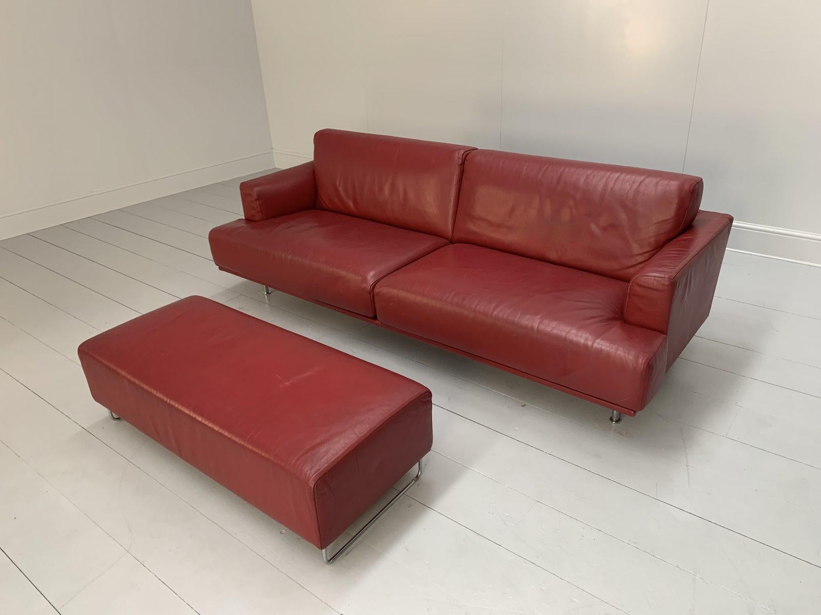 Cassina “253 Nest” 2.5-Seat Sofa & Bench Footstool – In Red “Pelle” Leather 1