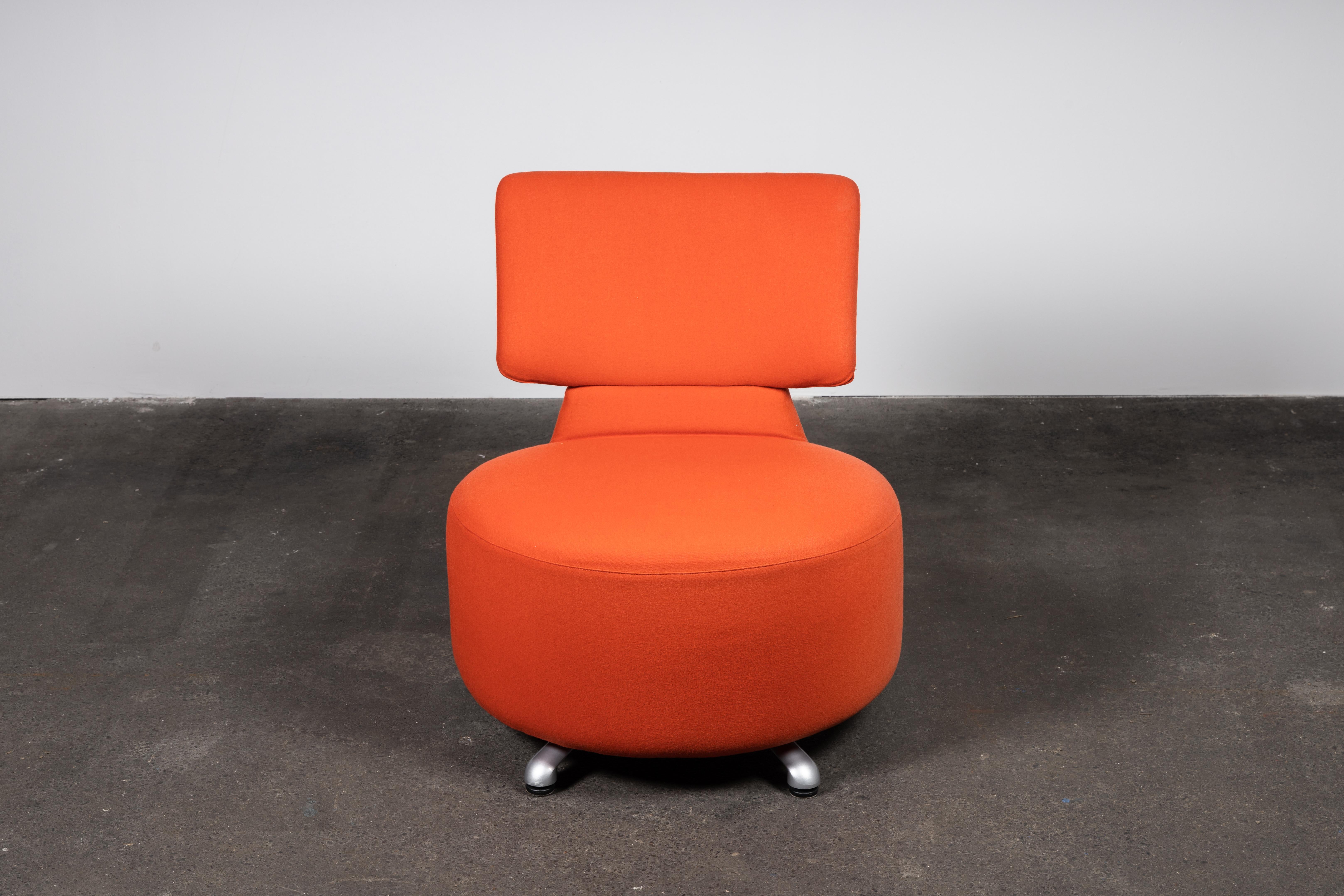 Huggable darling of the Postmodern office or living room. The K06 01 Aki chair by Toshiyuki Kita for Cassina adds a punch of comfortable style, informal and playful, yet capable of being perfectly professional all the while.

Ergonomic and angular