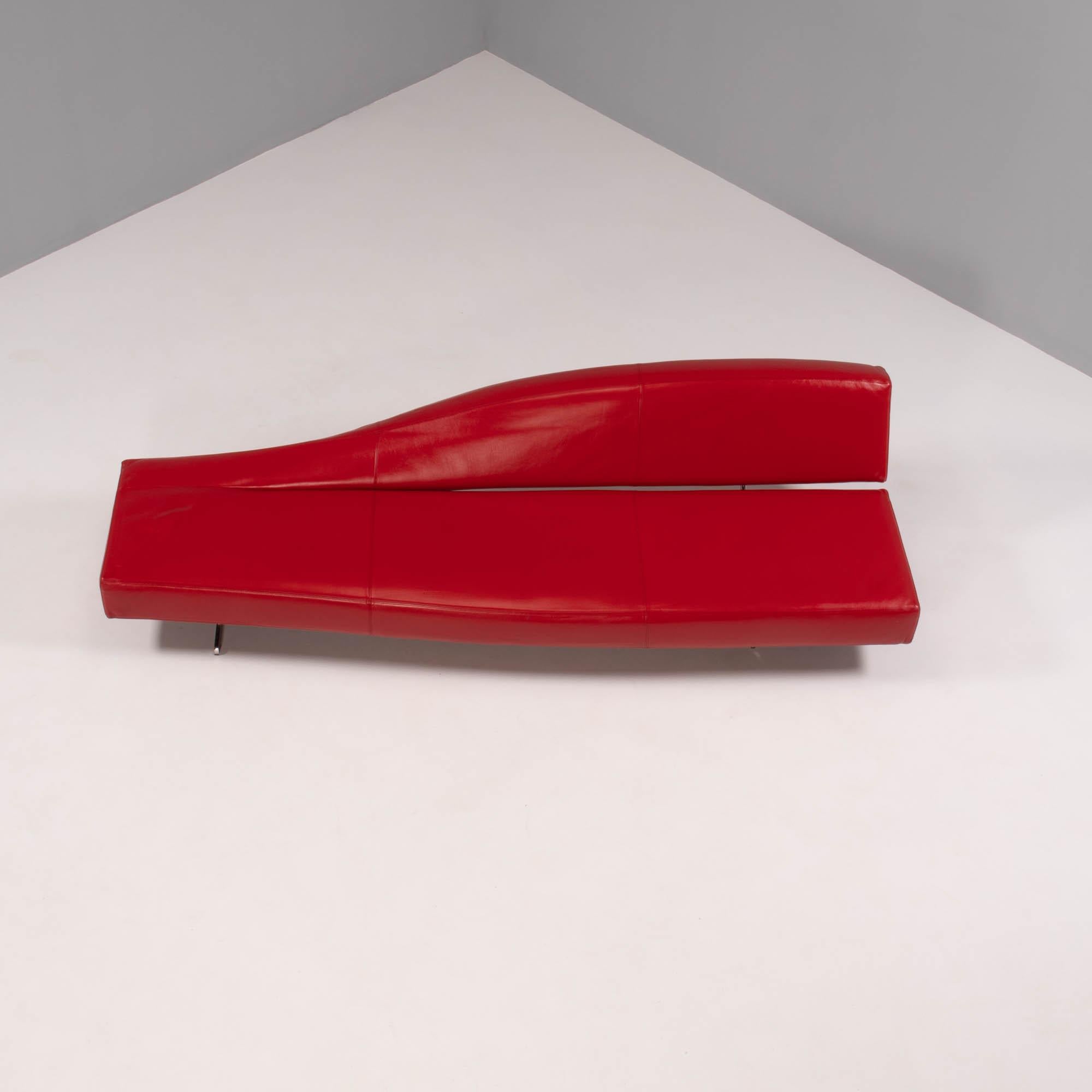 Originally designed in 2005 by Jean-Marie Massuad, the Aspen sofa is a sleek and sophisticated piece of modern design.

Upholstered in red leather, the sofa gives the illusion of being constructed from one continuous piece.

The sloping backrest