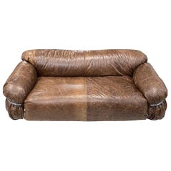 Retro Cassina Brown Leather Loveseat Sofa Newly Upholstered