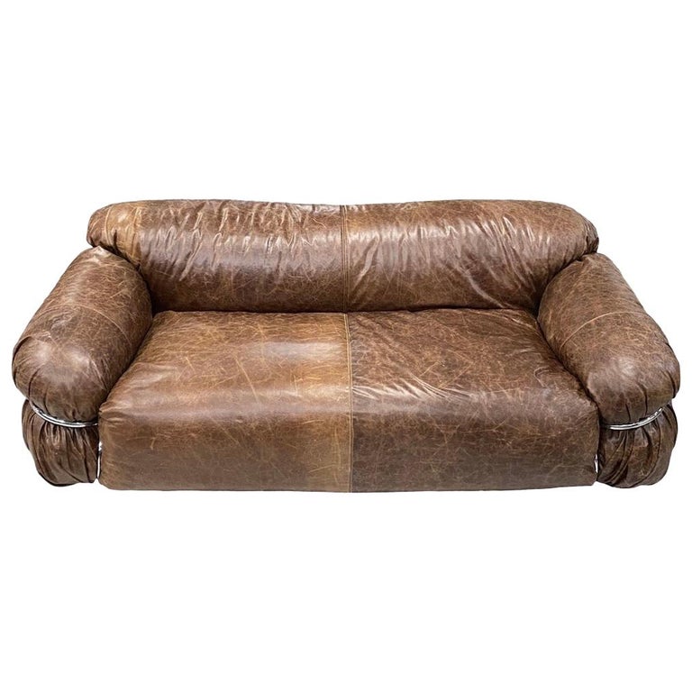 Cassina Brown Leather Loveseat Sofa, Brown Leather Loveseat Sofa