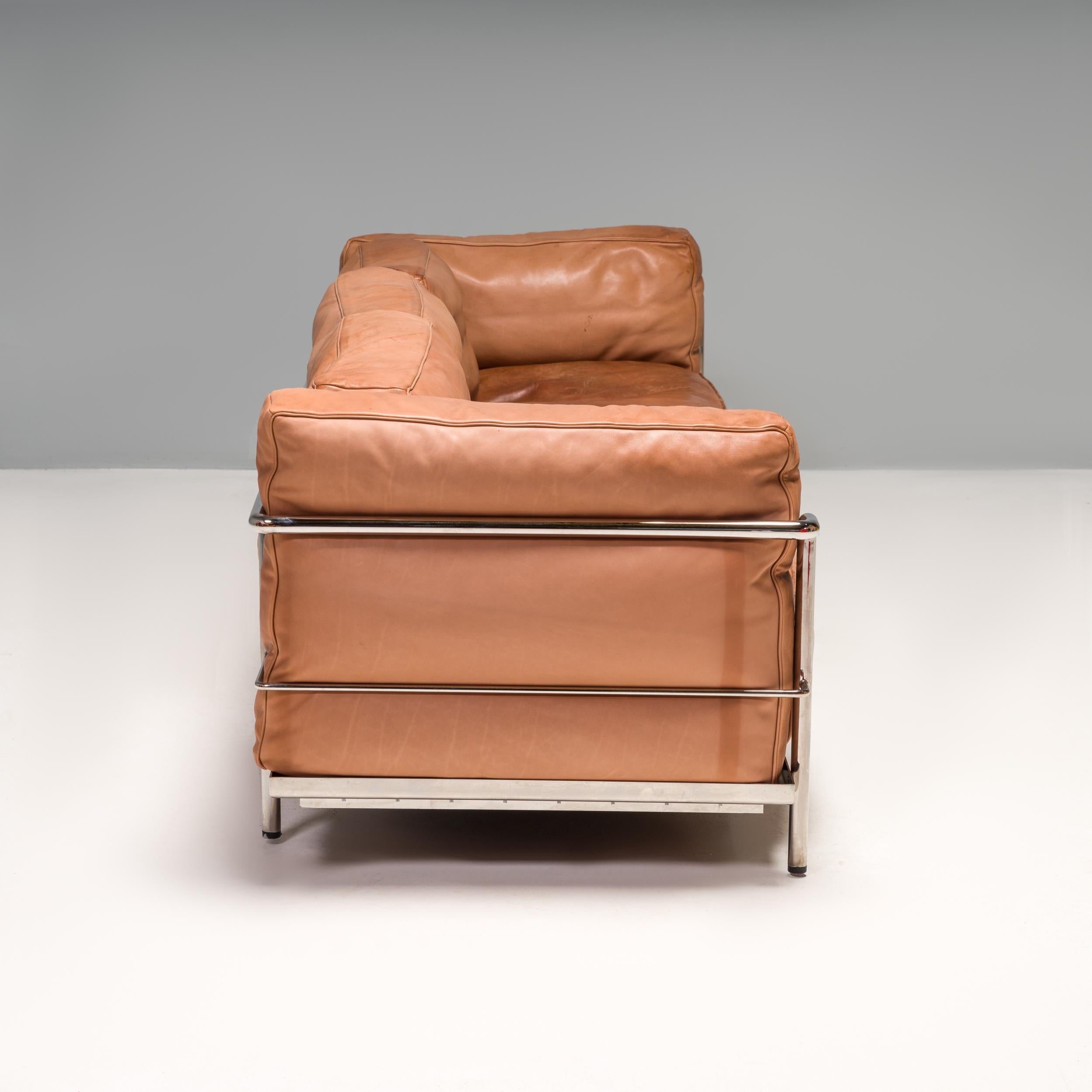 Italian Cassina by Le Corbusier Tan Leather LC3 Grand Confort 3-Seat Sofa For Sale
