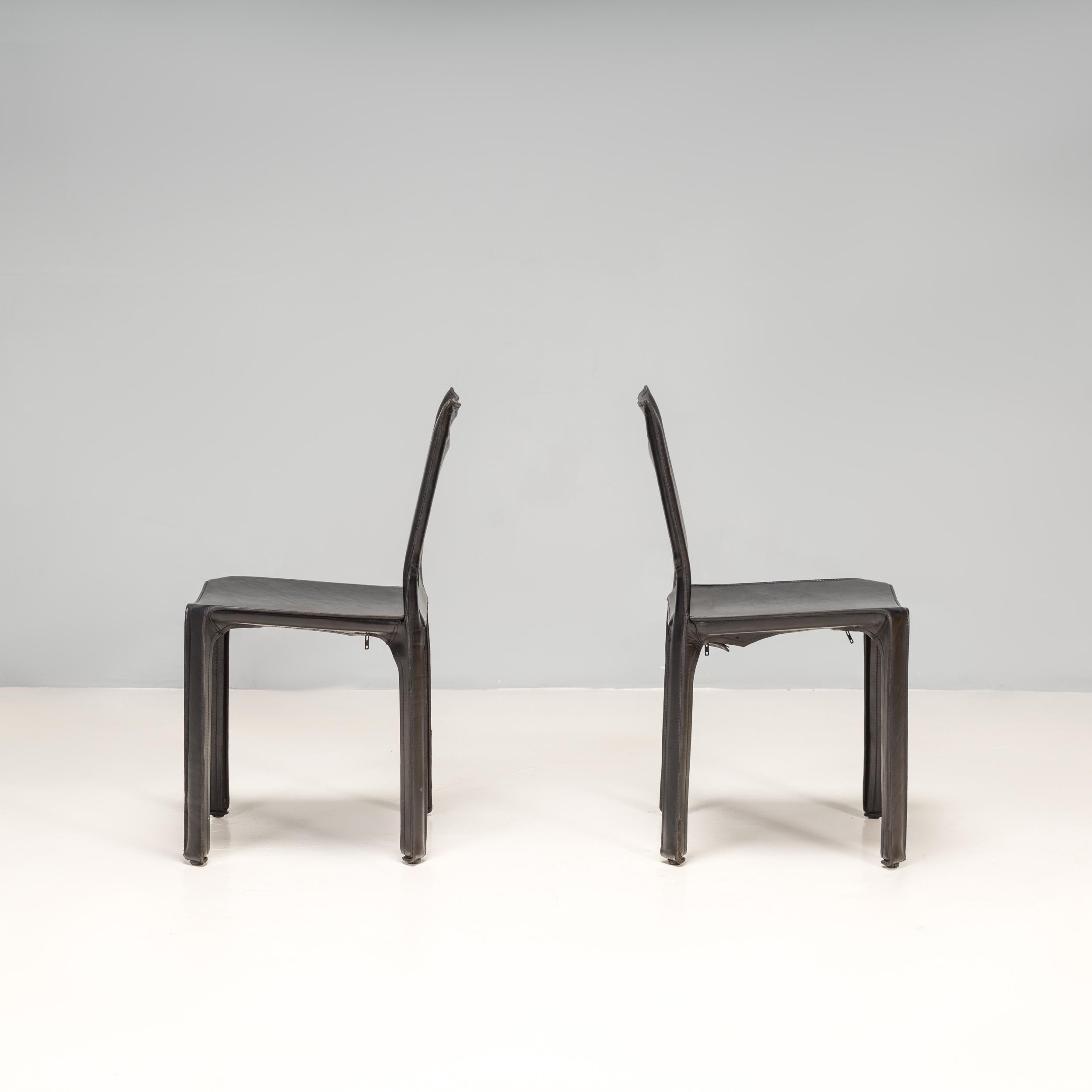 Italian Cassina by Mario Bellini Cab 412 Black Leather Dining Chairs, Set of Two