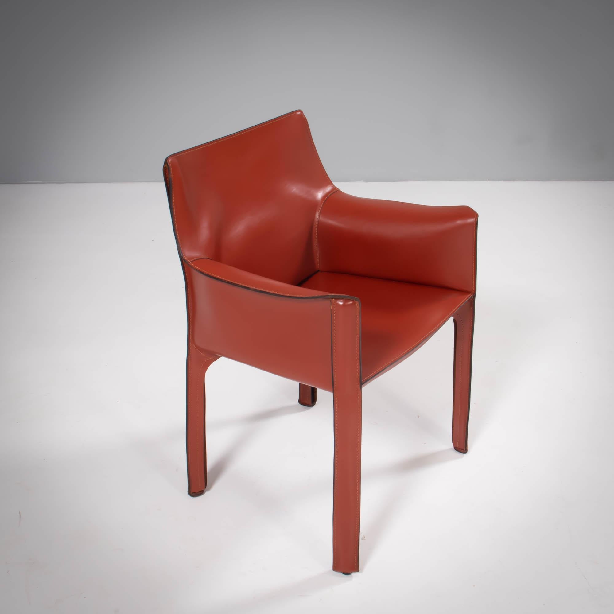 Cassina by Mario Bellini Cab 413 Red Leather Chairs, Set of 4 In Good Condition In London, GB