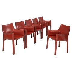 Cassina by Mario Bellini Cab 413 Red Leather Chairs, Set of 6